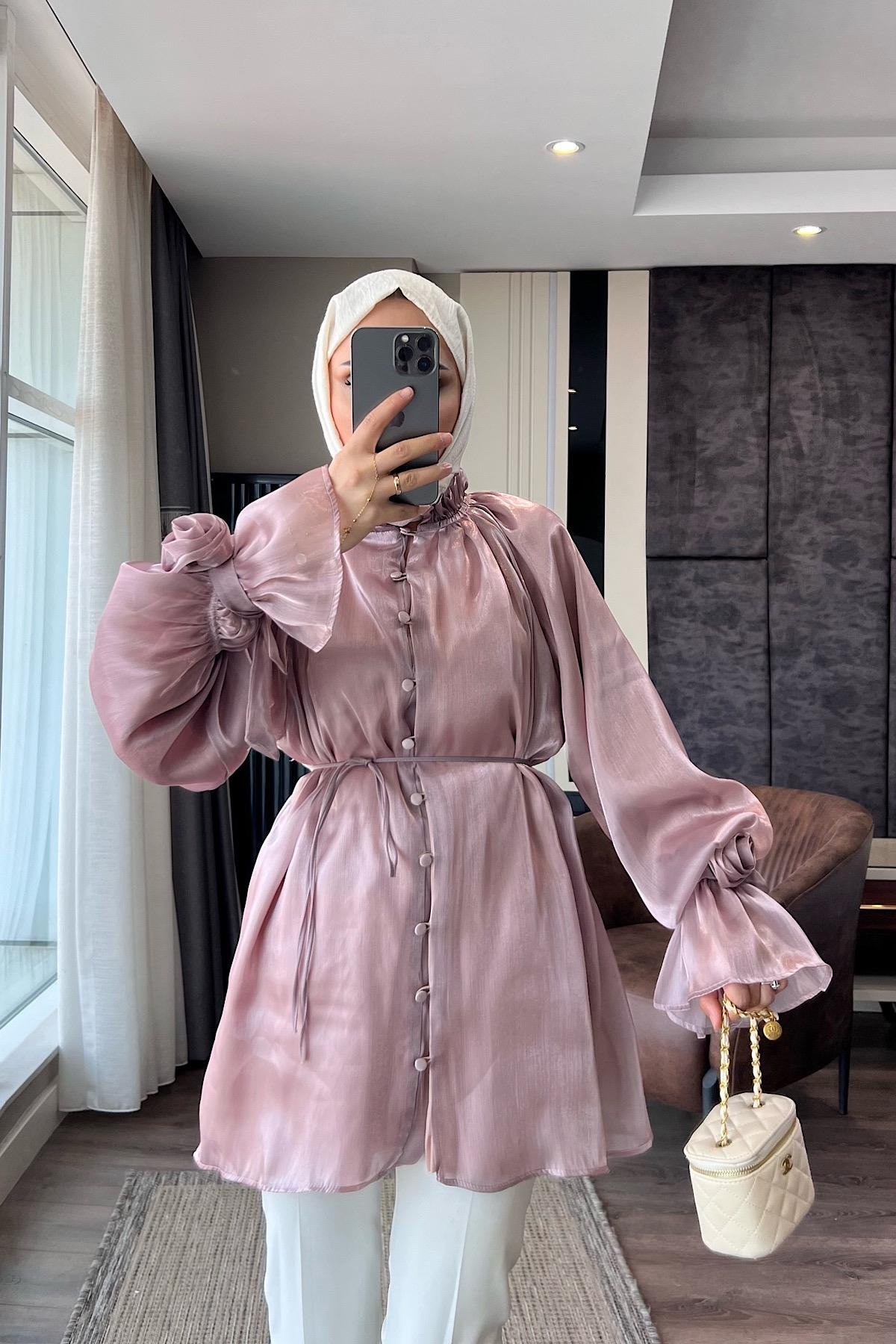 Organze Gül Detaylı Tunik PudraDubaiShowroomÜST GİYİM8971