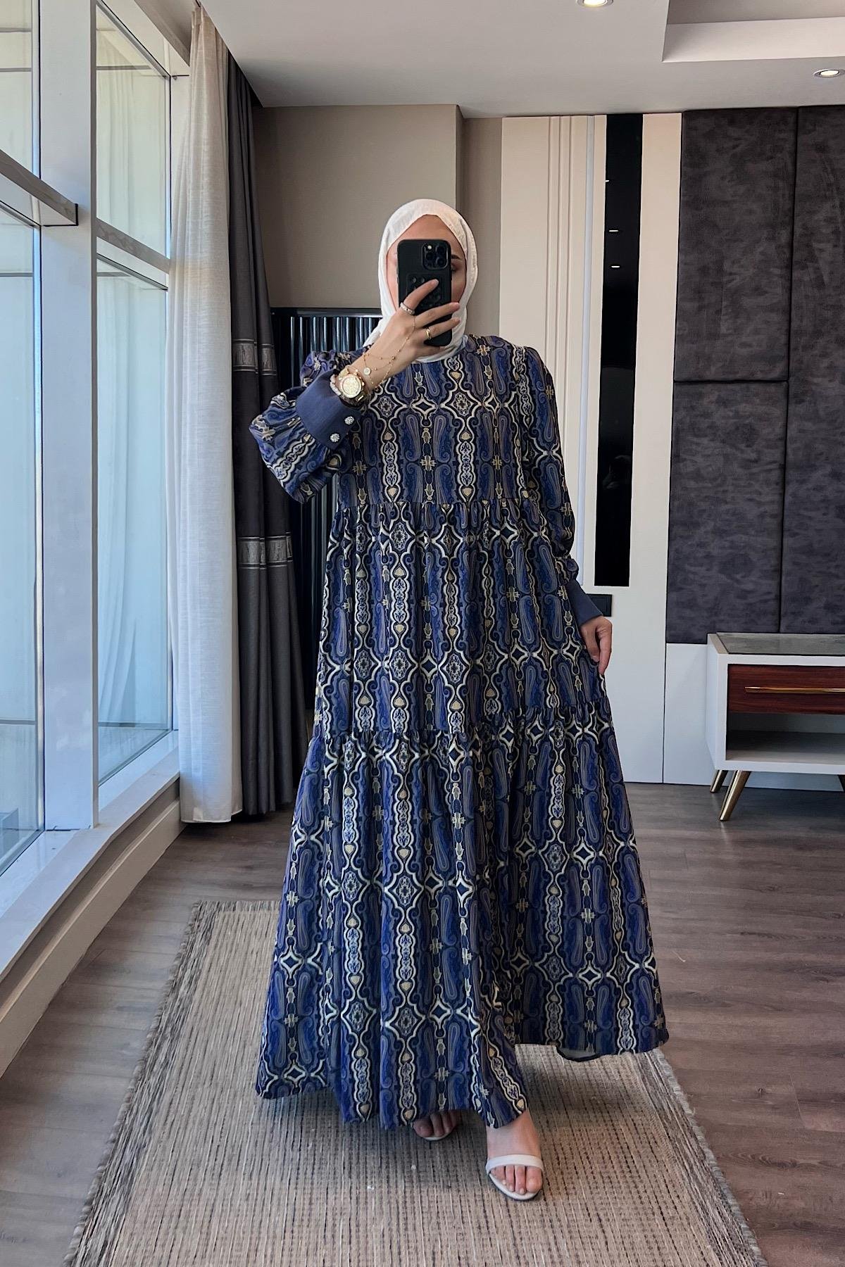 Manşet Detaylı Etnik Desen Elbise  LacivertDubaiShowroomELBİSELER02035