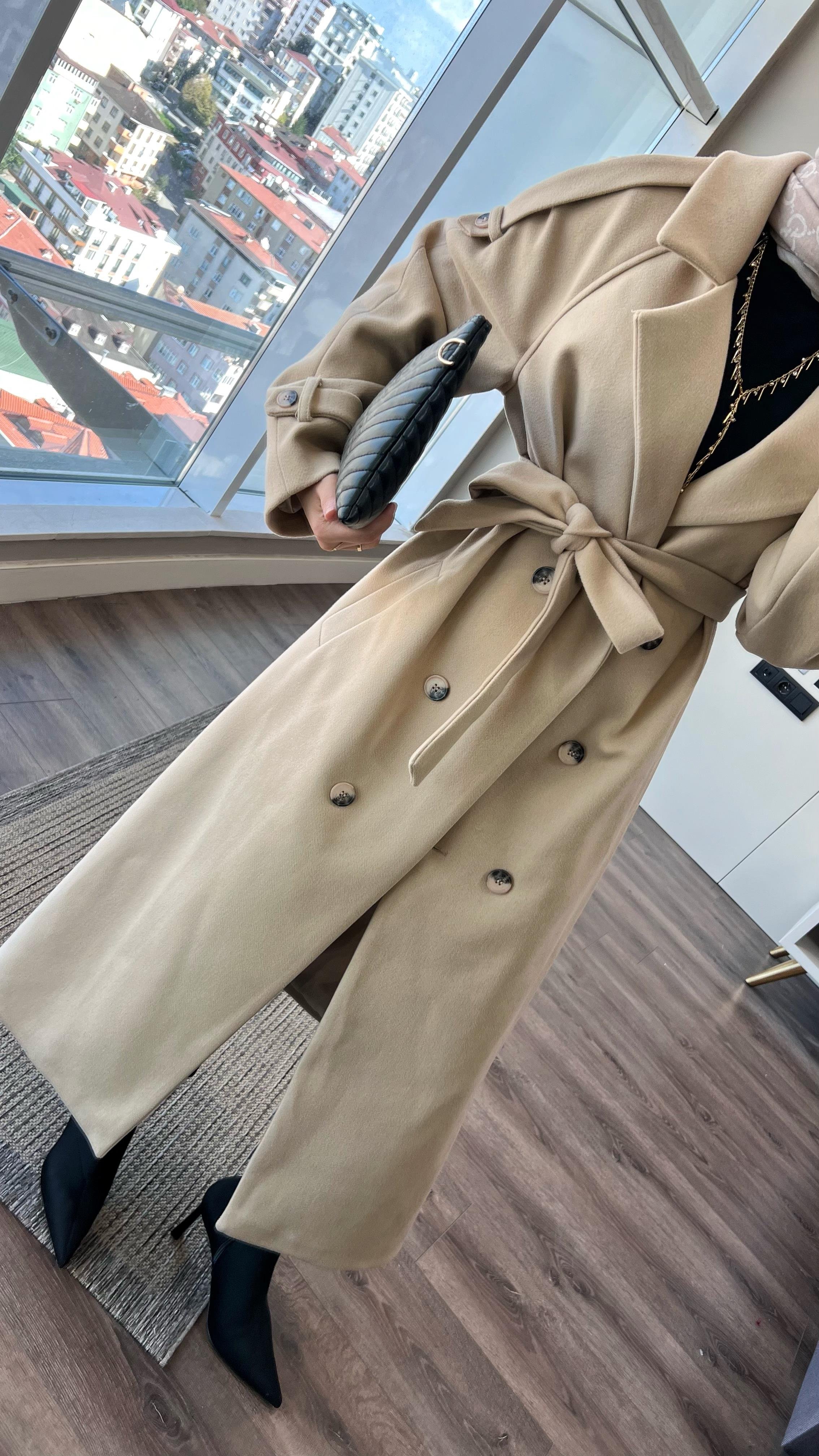Kuşaklı Kaşe Kaban BejDubaiShowroomDIŞ GİYİM70028