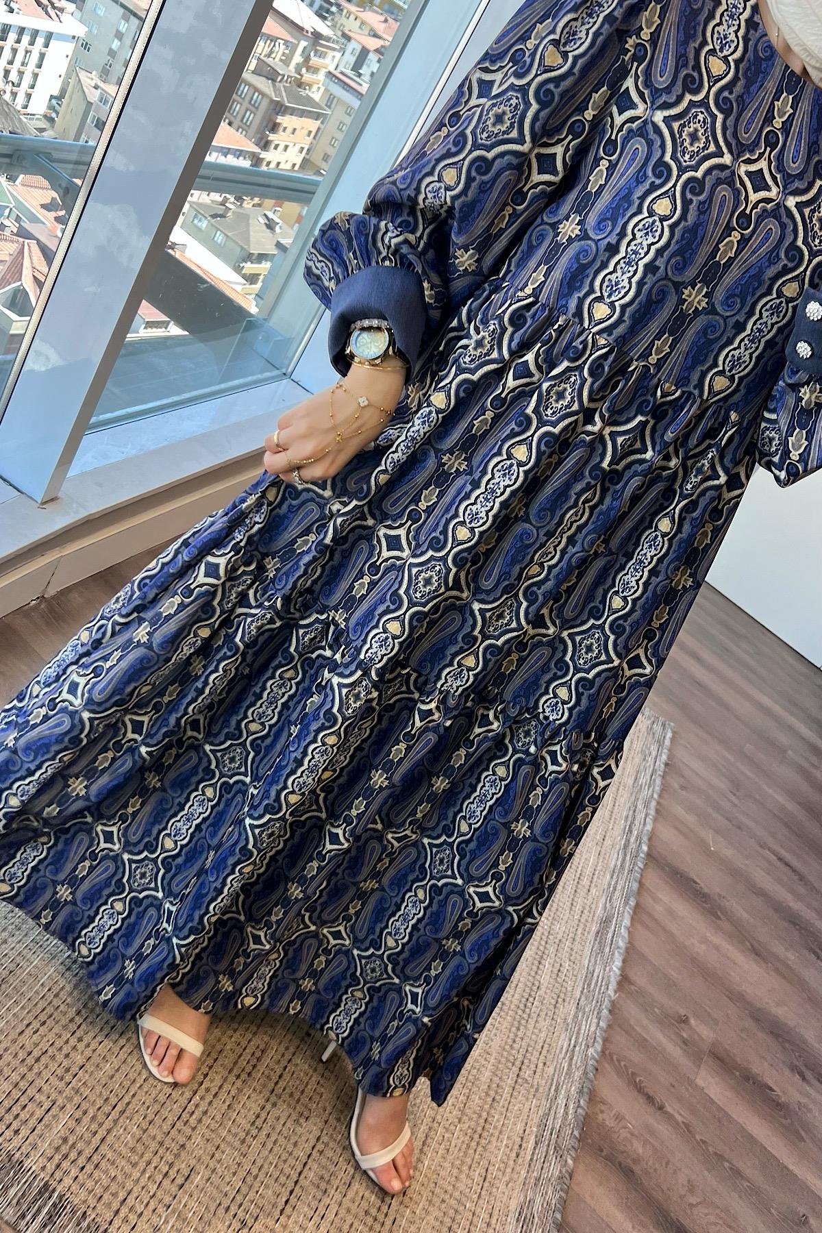 Manşet Detaylı Etnik Desen Elbise  LacivertDubaiShowroomELBİSELER02035