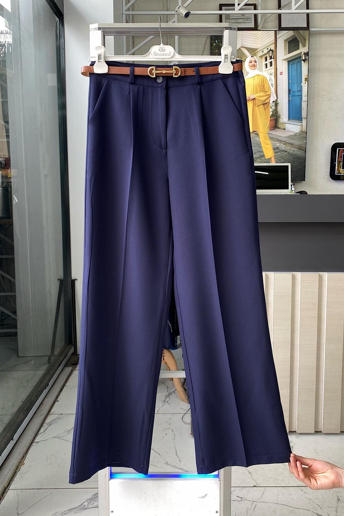 Kemerli Bol Paça Pantolon LacivertDubaiShowroomALT GİYİM02200