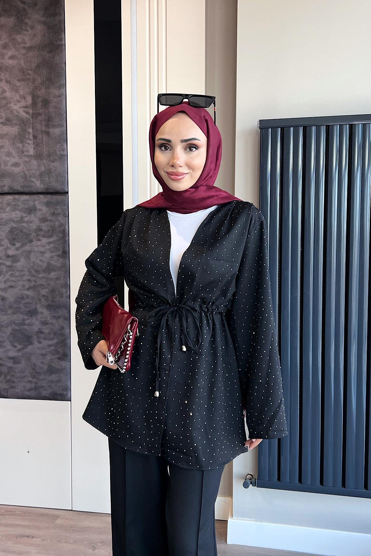 Üzeri Taşlı İkili Takım SiyahDubaiShowroomTAKIM04727-SYH