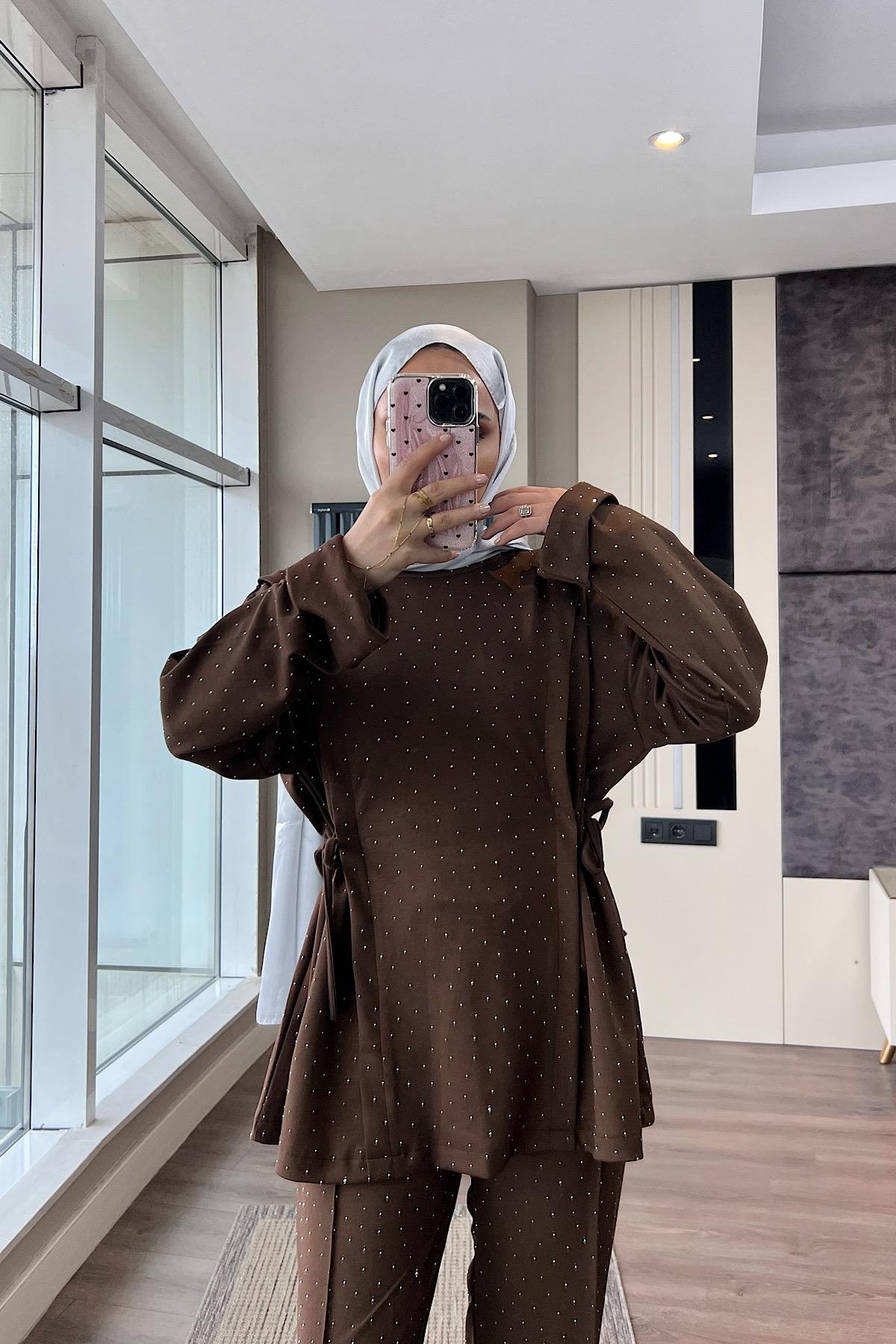 Yandan Bağcıklı Taşlı Oysho Takım Kahverengi DubaiShowroomTAKIM01039
