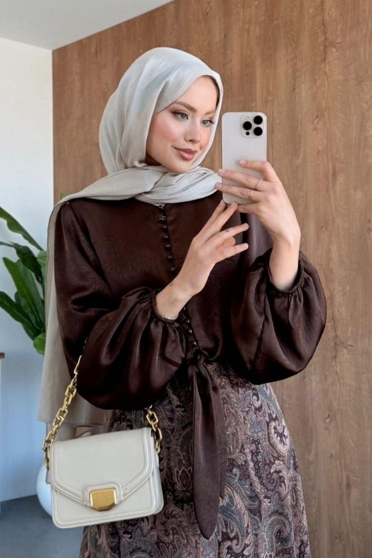 Balon Kol Saten Gömlek KahveDubaiShowroomÜST GİYİM01185