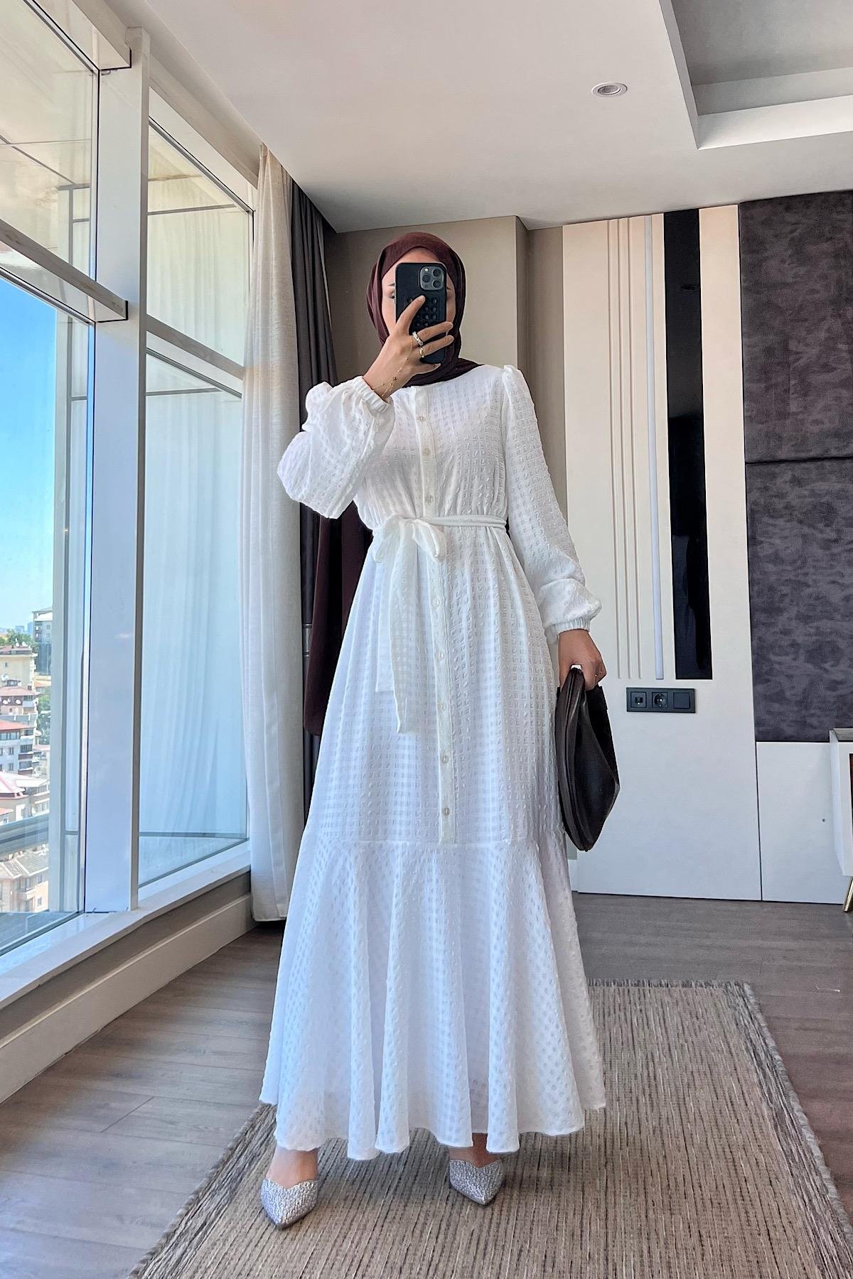 İçi uzun kol Astarlı ikili takım - astar  Elbise - BeyazDubaiShowroomELBİSELER92004