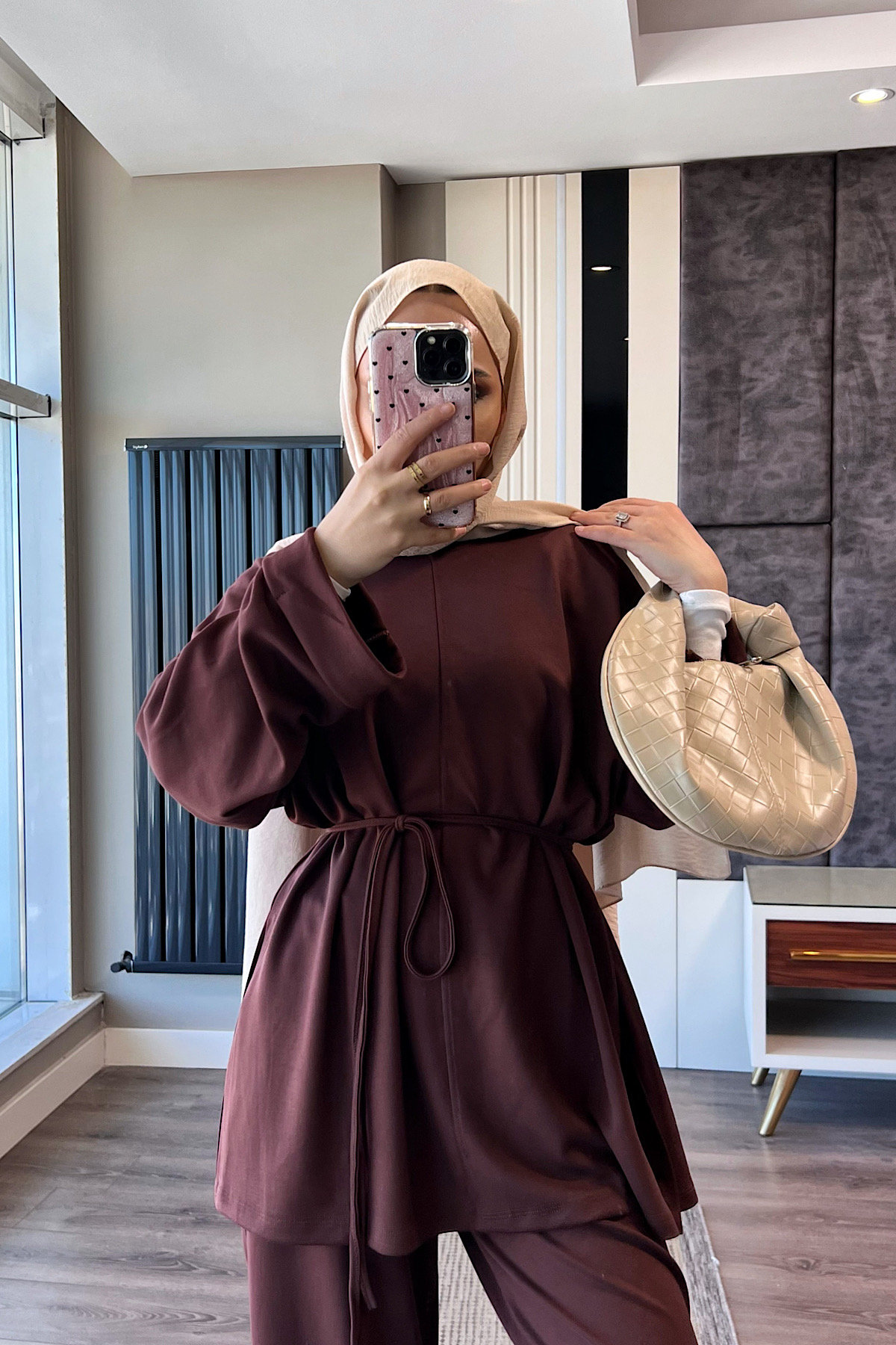 Kolu Katlamalı Modal Takım KahverengiDubaiShowroomTAKIM05665-