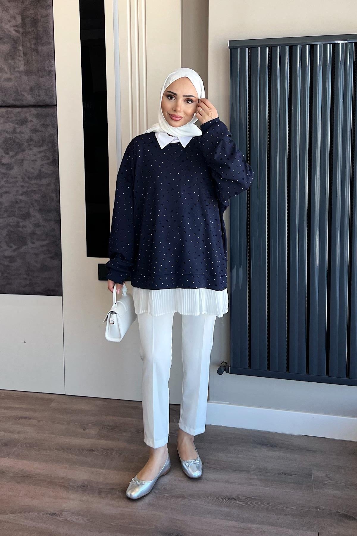 Kendinden Pileli Taşlı Sweat  LacivertDubaiShowroomSWEAT01069
