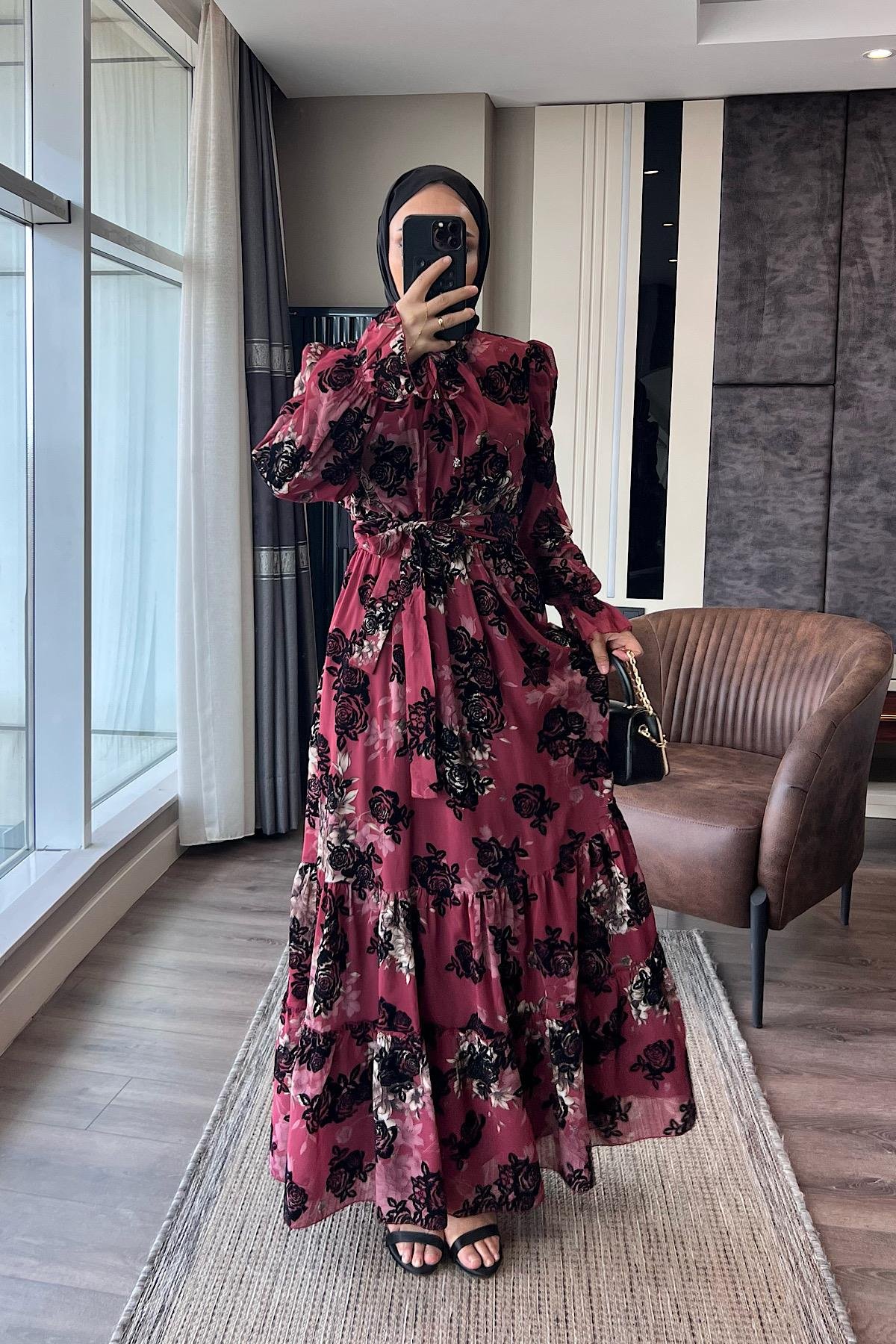 Çiçek Desenli Elbise BordoDubaiShowroomELBİSELER0428