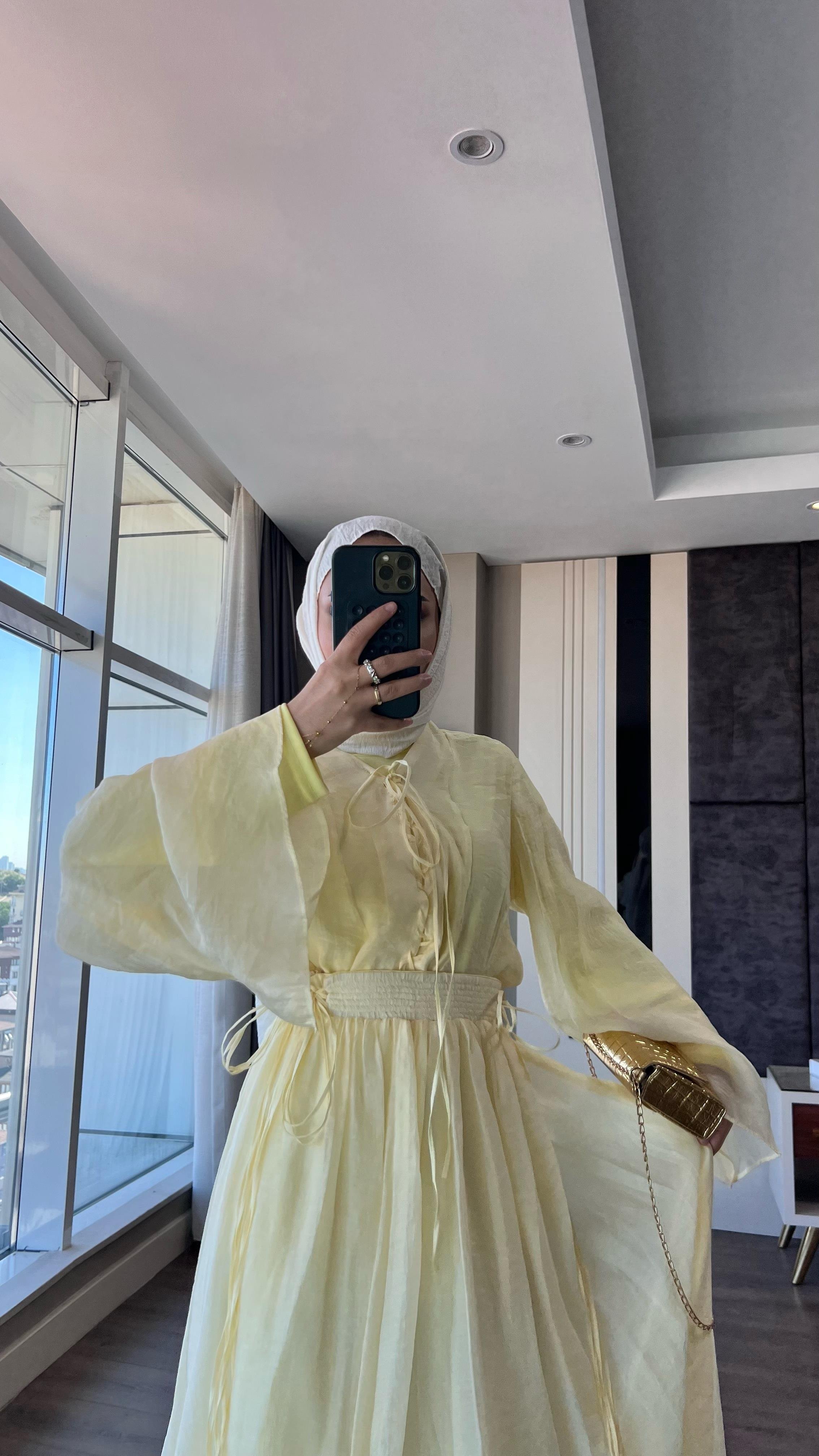 Örgü Yaka Etekli Takım SarıDubaiShowroomTAKIM02309-SARI