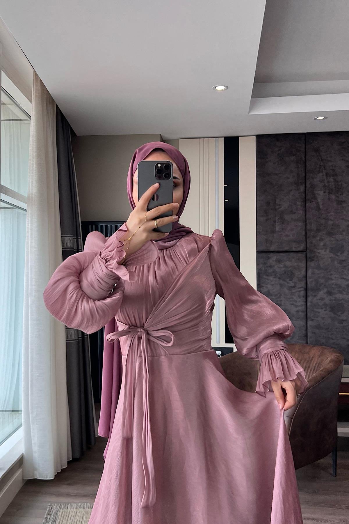 Önü Bağlamalı elbise Gül KurusuDubaiShowroomELBİSELER00994