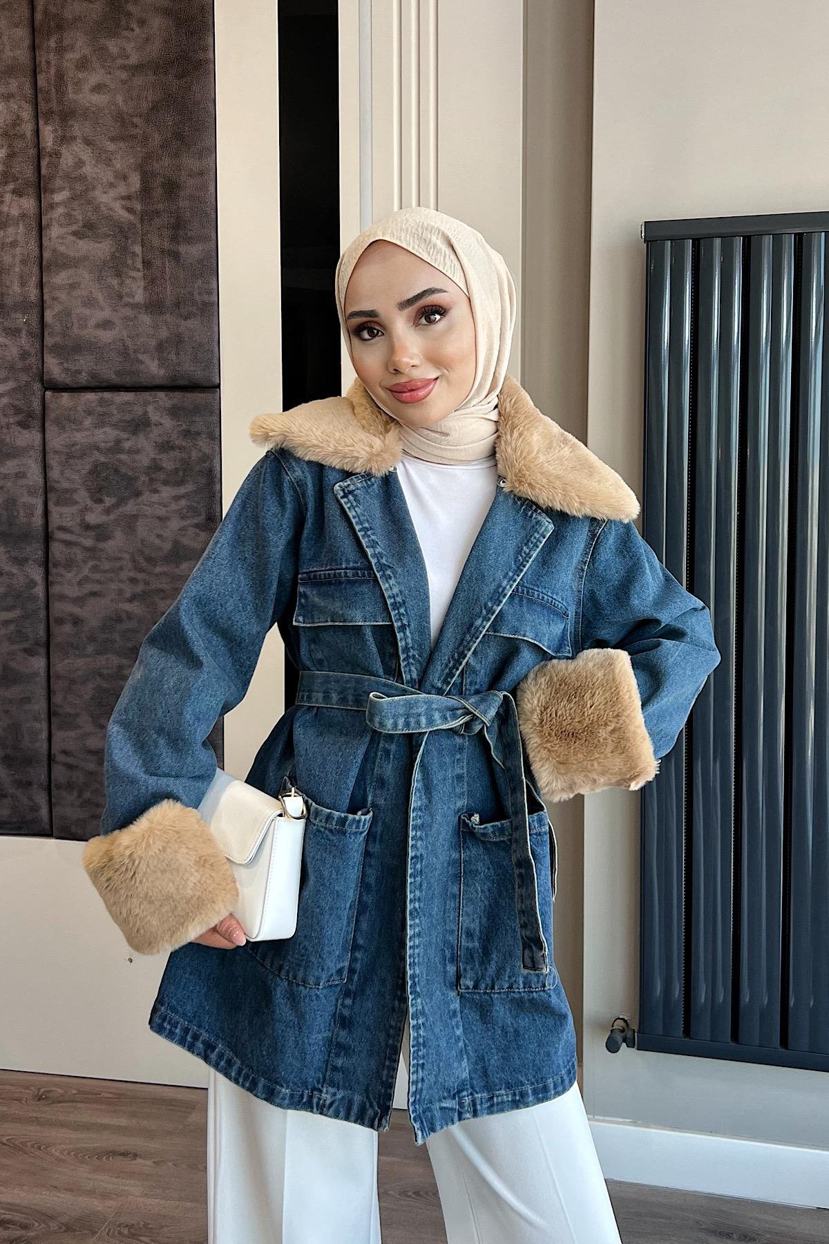 Seyyar Kürk Detaylı Kot Ceket DubaiShowroomDIŞ GİYİM81185