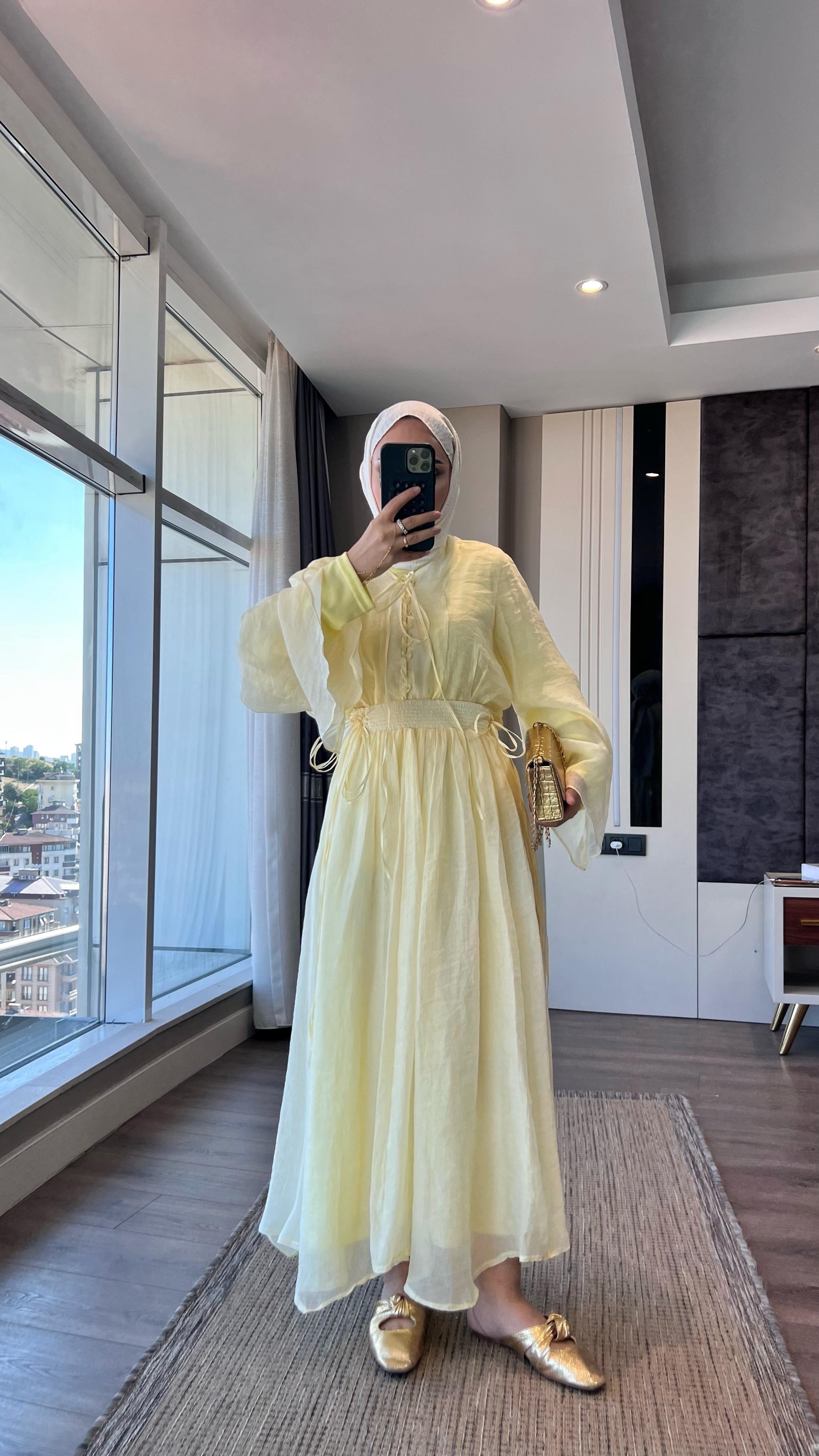 Örgü Yaka Etekli Takım SarıDubaiShowroomTAKIM02309-SARI