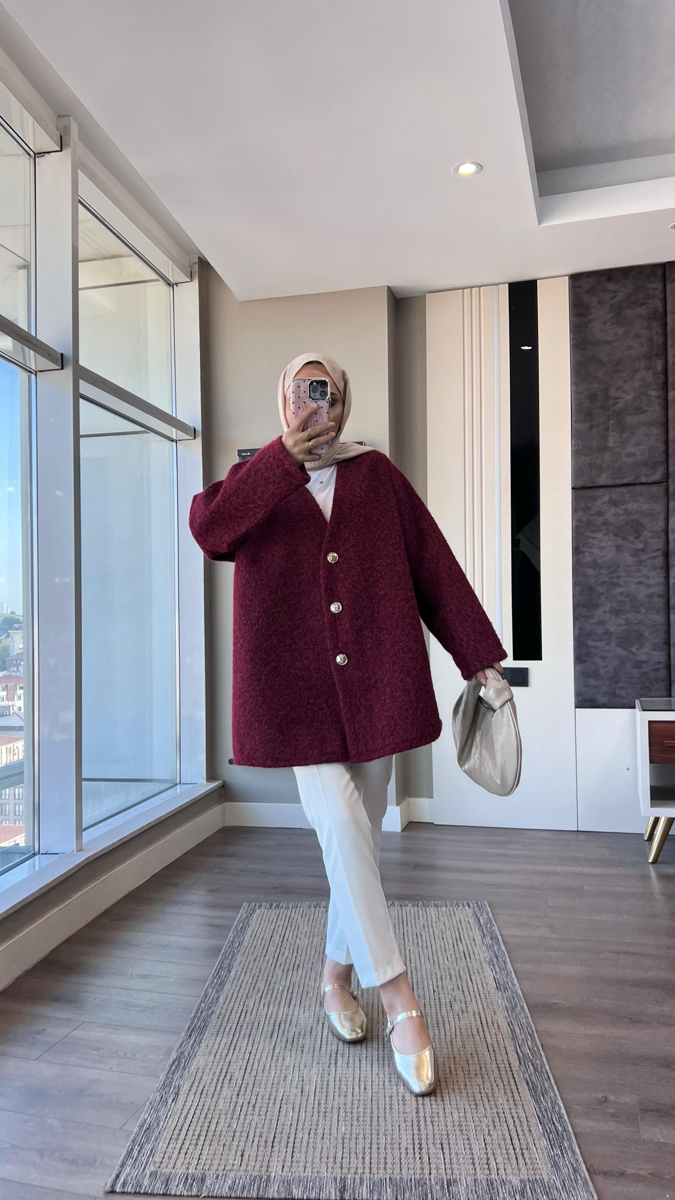 Kruvaze Yaka Buklet Hırka BordoDubaiShowroomDIŞ GİYİM05536