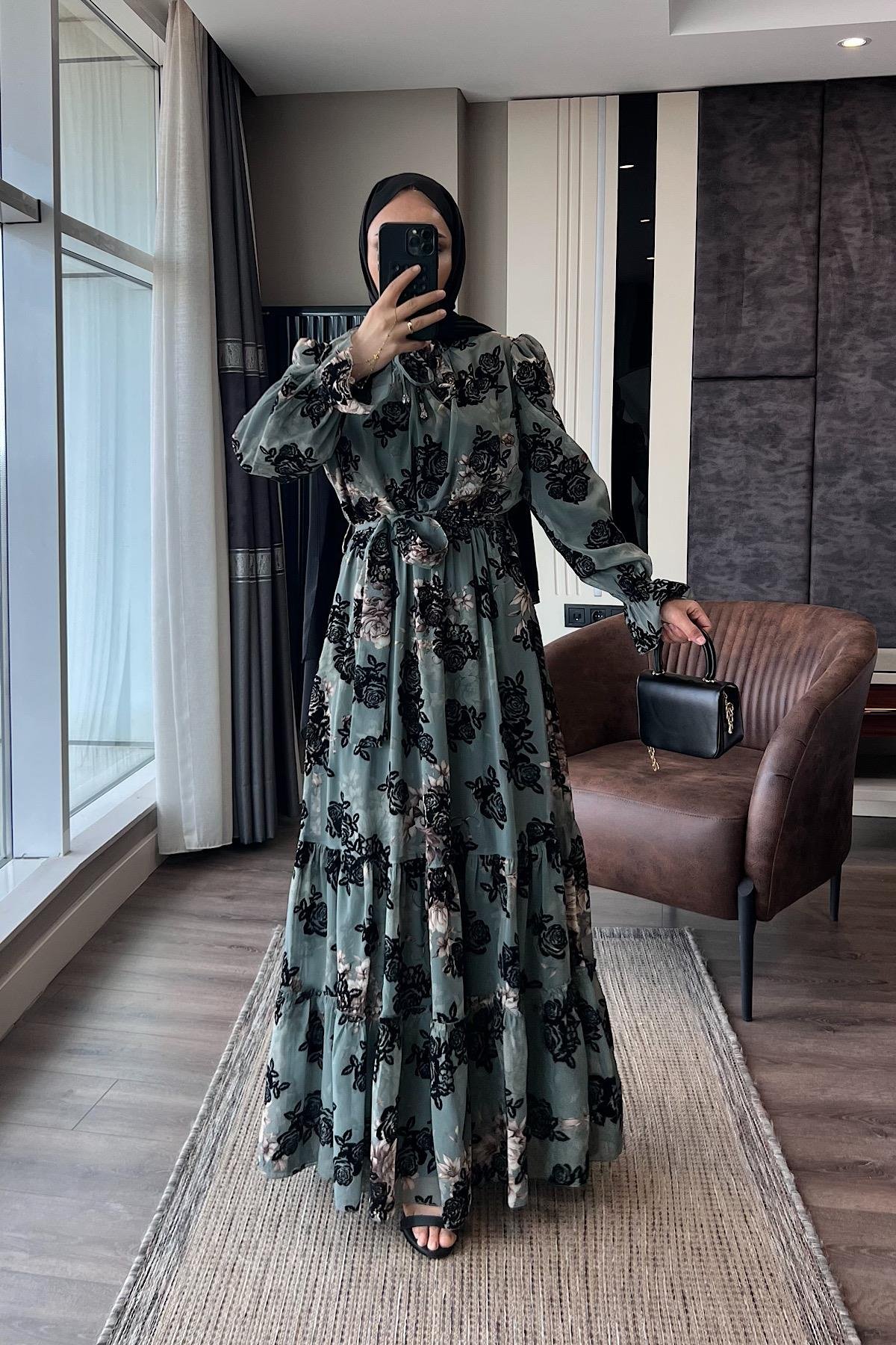 Çiçek Desenli Elbise YeşilDubaiShowroomELBİSELER0428