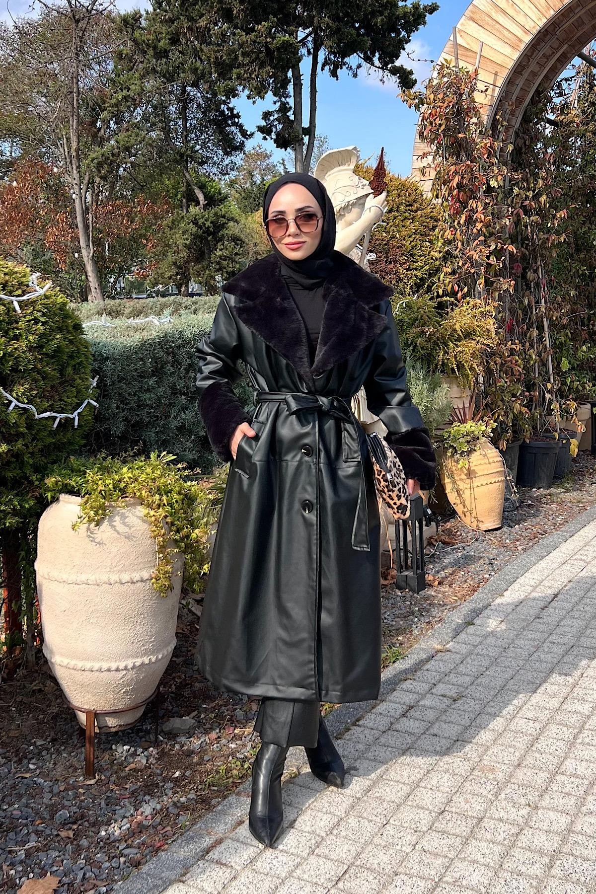 Yakası Kürklü Deri Trenç SiyahDubaiShowroomDIŞ GİYİM00995