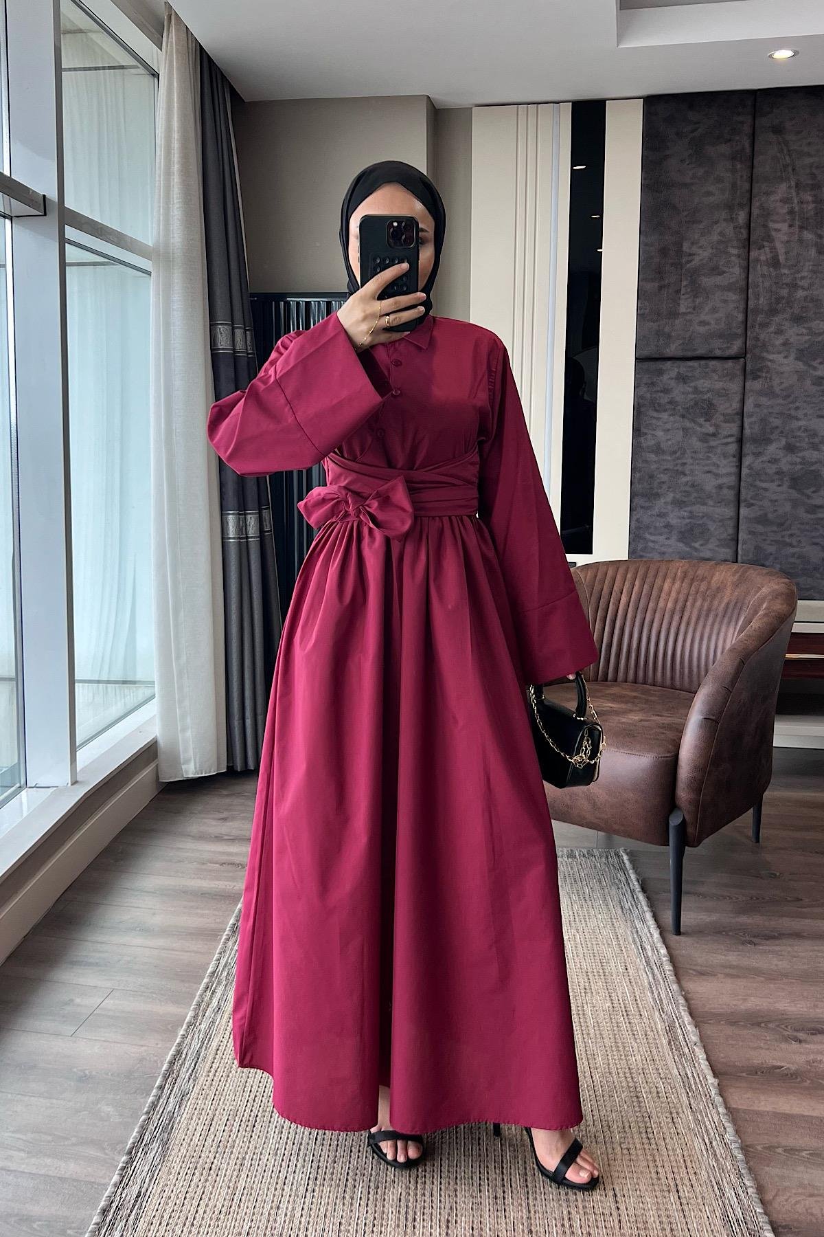 Bağlama Detaylı Poplin Elbise BordoDubaiShowroomELBİSELER01045