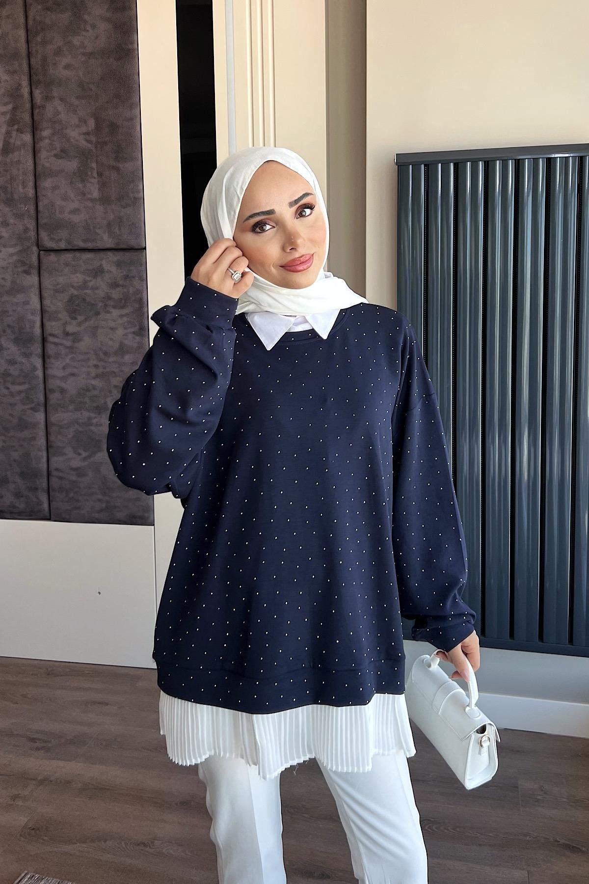 Kendinden Pileli Taşlı Sweat  LacivertDubaiShowroomSWEAT01069
