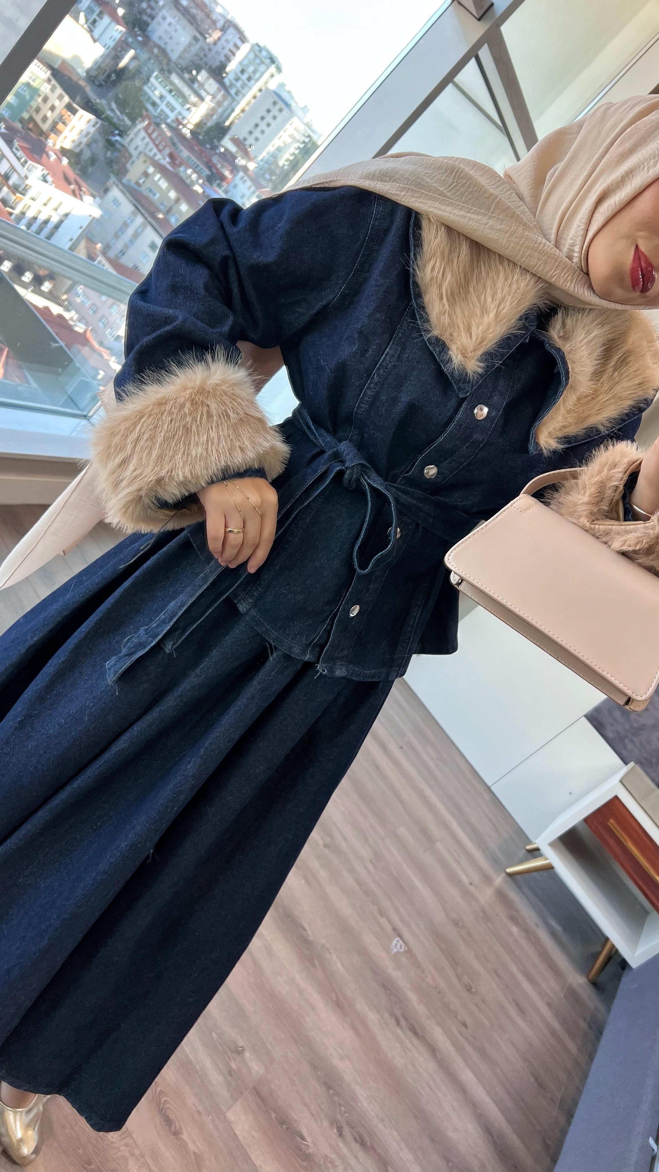 Manşet Kürk Detay Denim Takım Koyu KotDubaiShowroomTAKIM41478