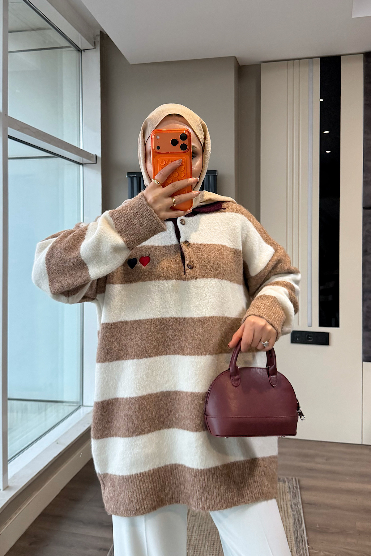 Polo Yaka Camel Beyaz Çizgili Yumoş TunikDubaiShowroomÜST GİYİM00968