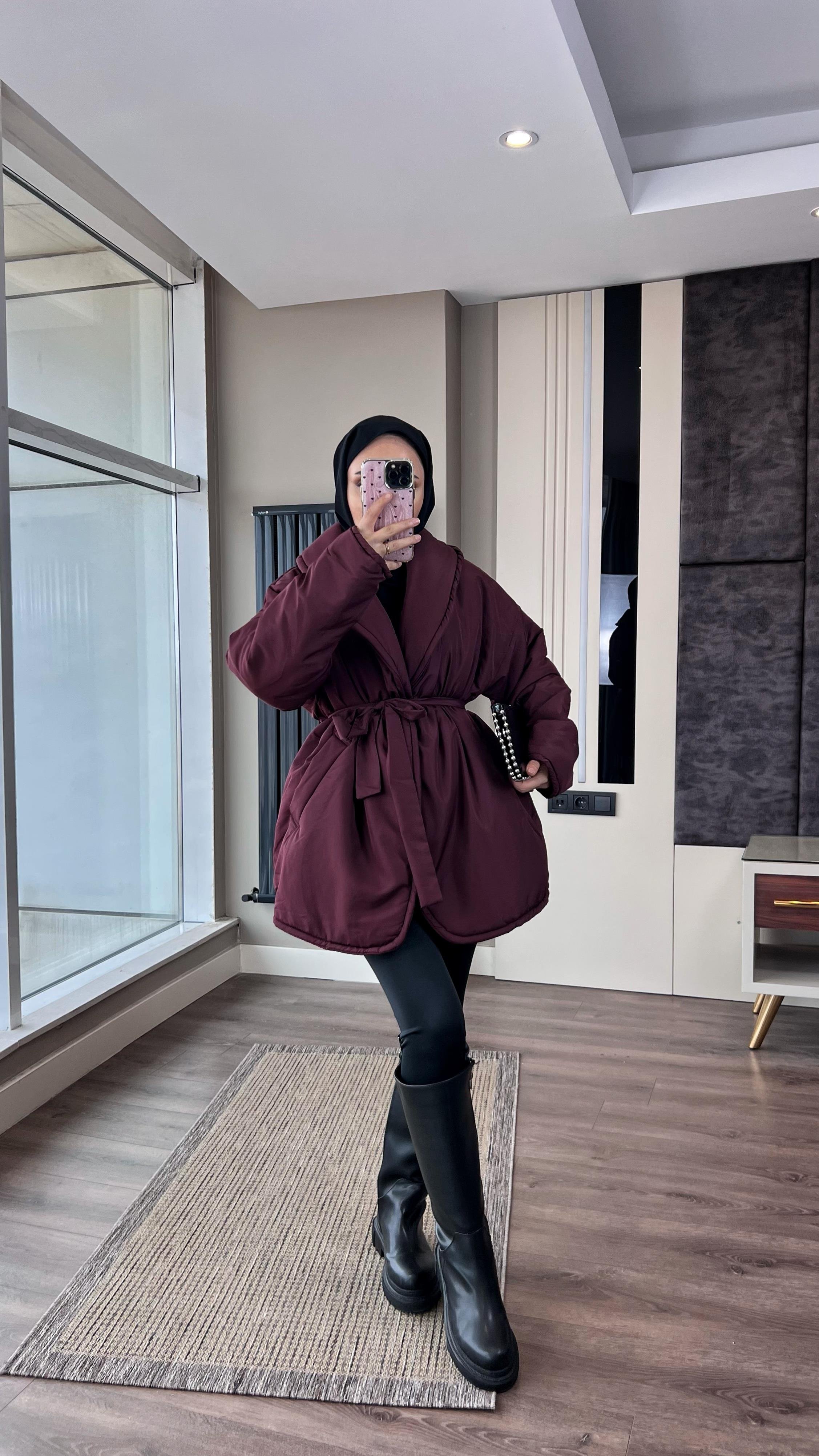 Düz Kuşaklı Şişme Mont BordoDubaiShowroomDIŞ GİYİM05912