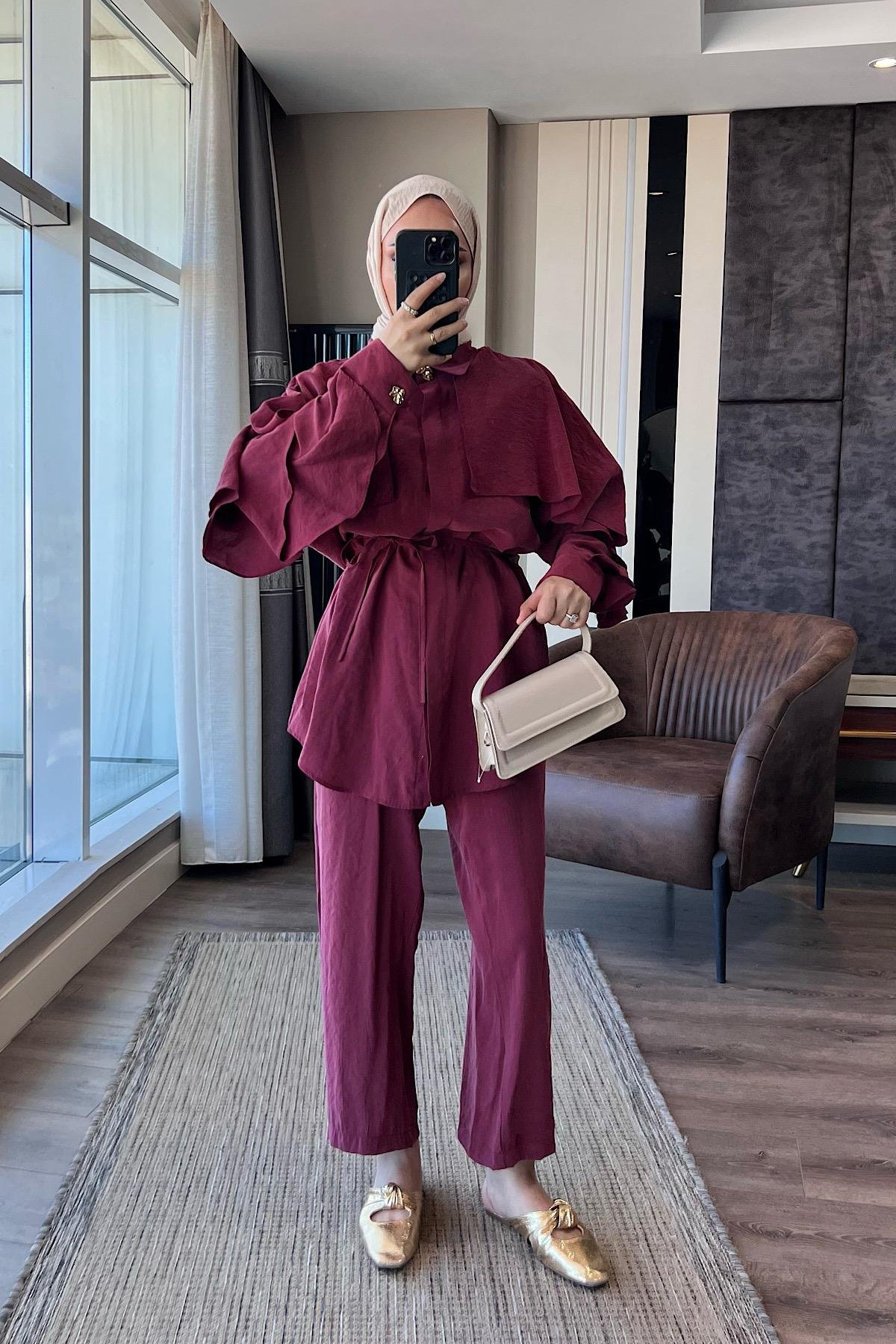 Kolları fırfırlı Takım BordoDubaiShowroomTAKIM22729