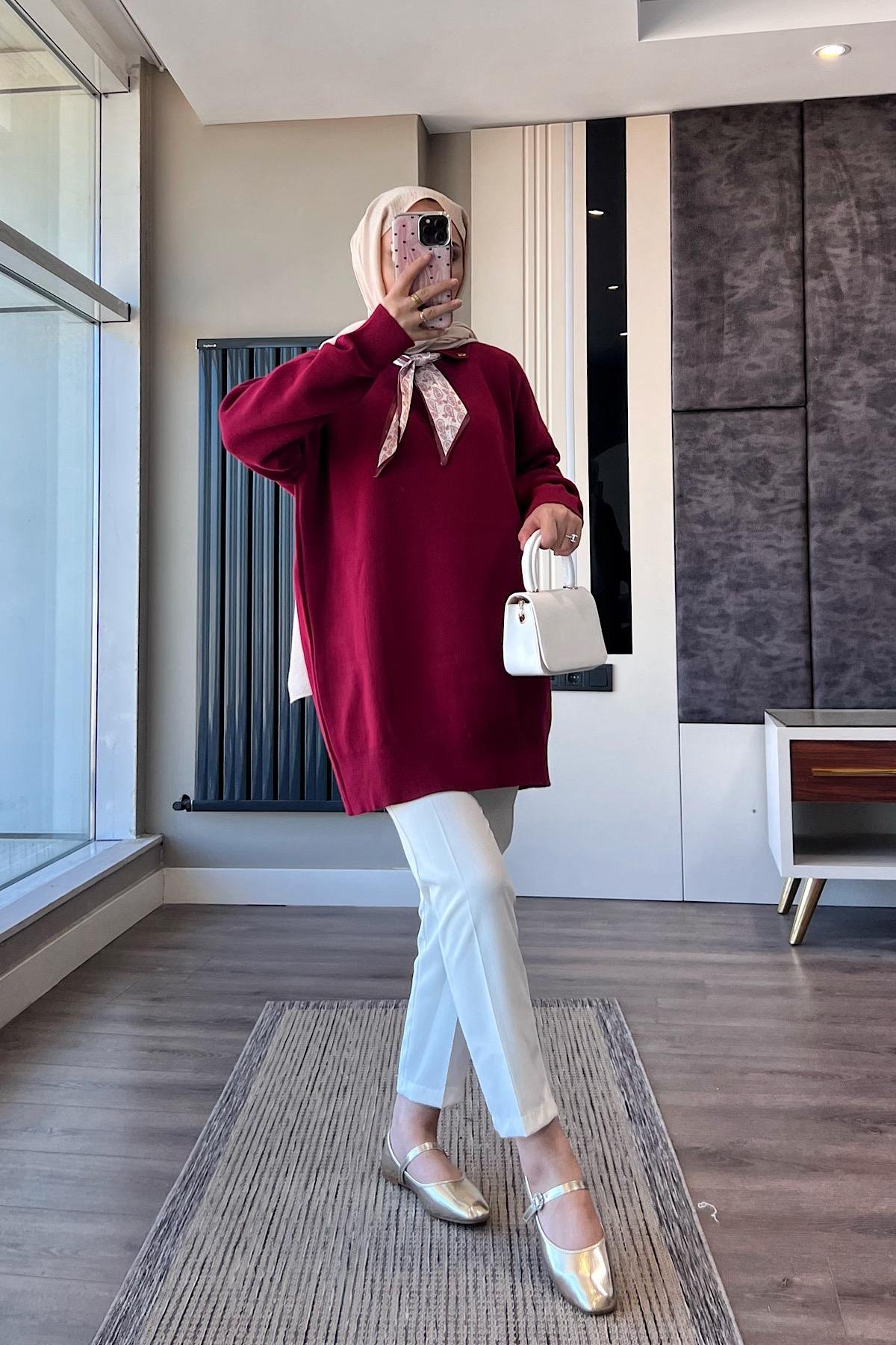 Fular Detaylı Tunik BordoDubaiShowroomÜST GİYİM01005