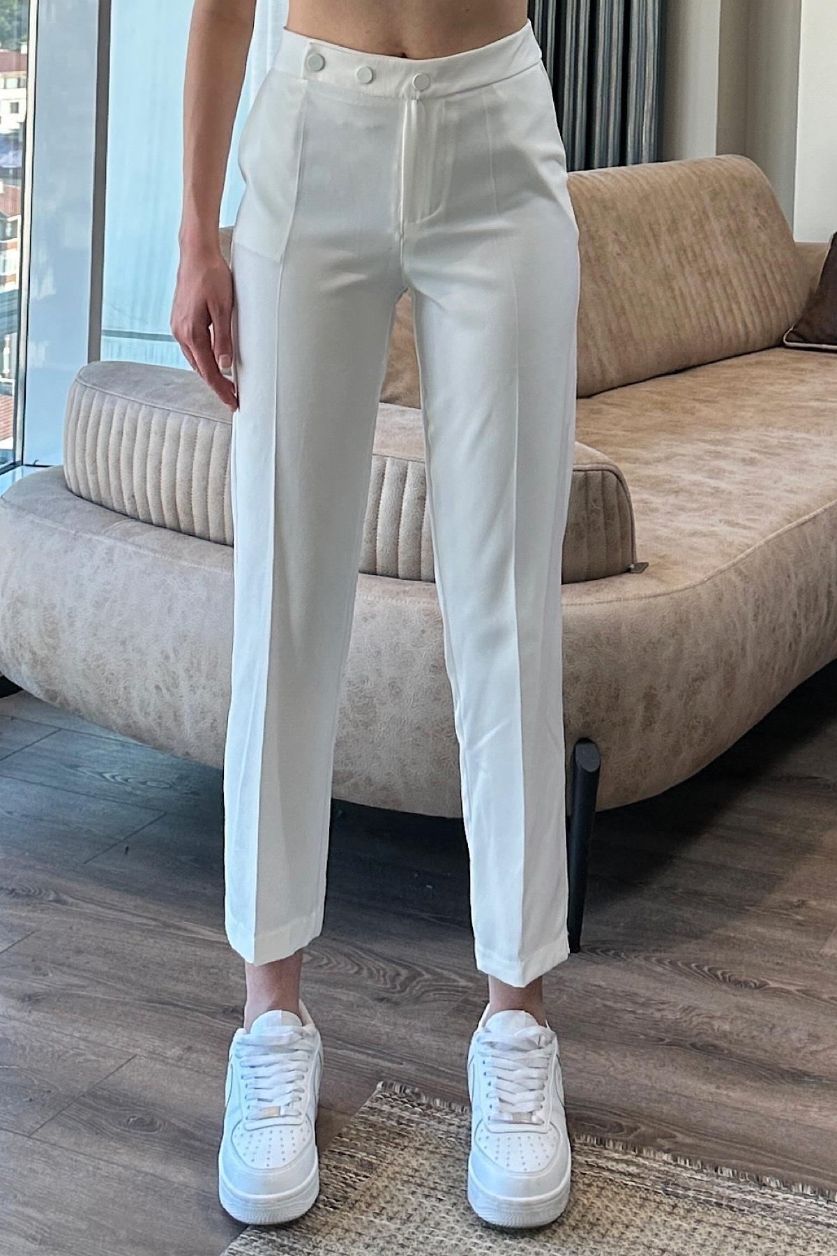 3 düğmeli dar paça kumas pantolon Beyaz