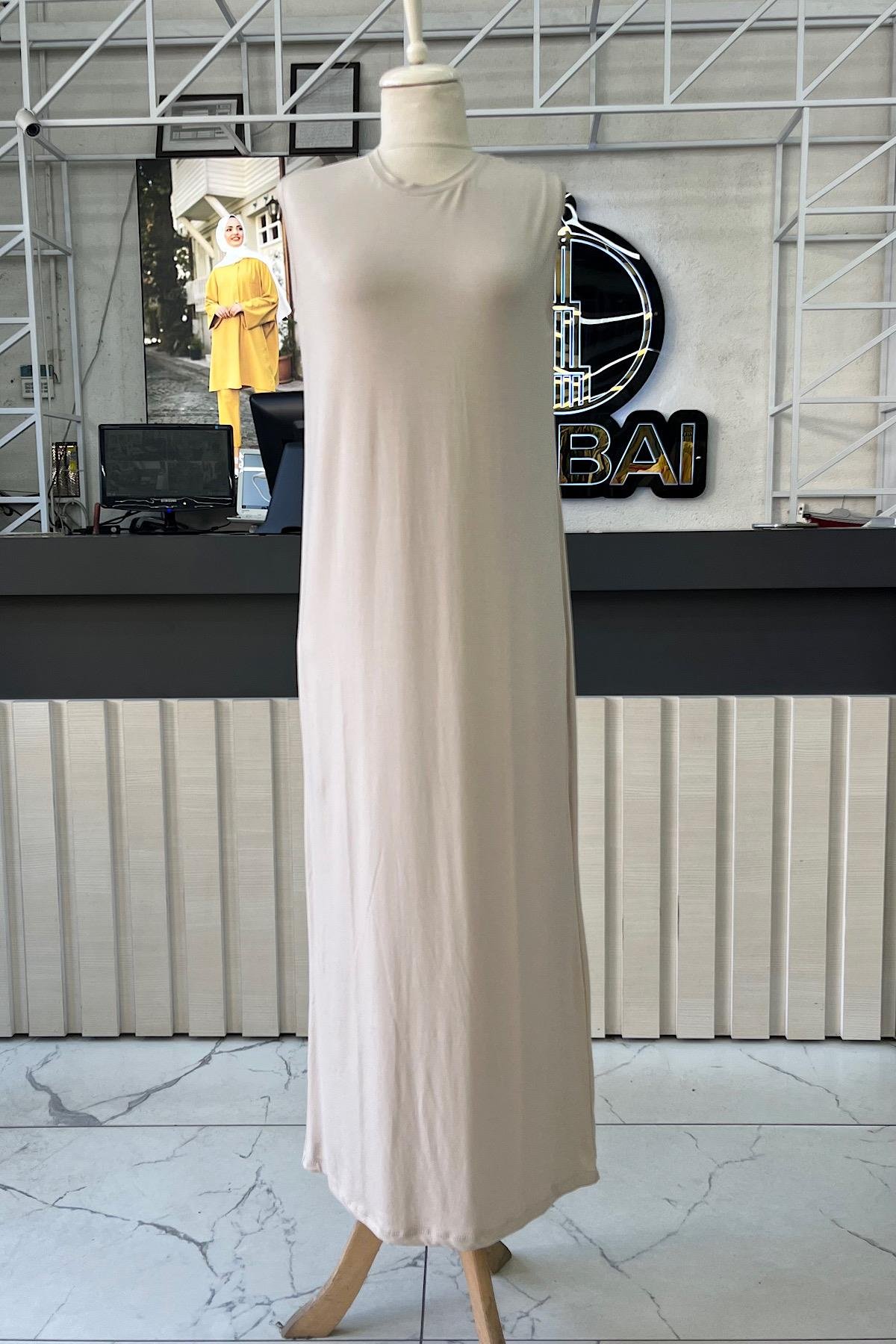Pamuklu Sıfır kol içlik Elbise BejDubaiShowroomÜST GİYİM01089