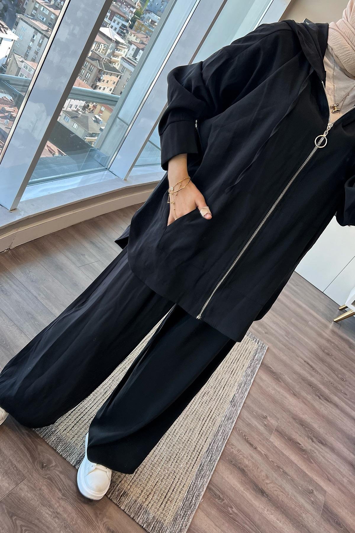 Fermuarlı Kapşonlu Takım SiyahDubaiShowroomTAKIM02323-SYH