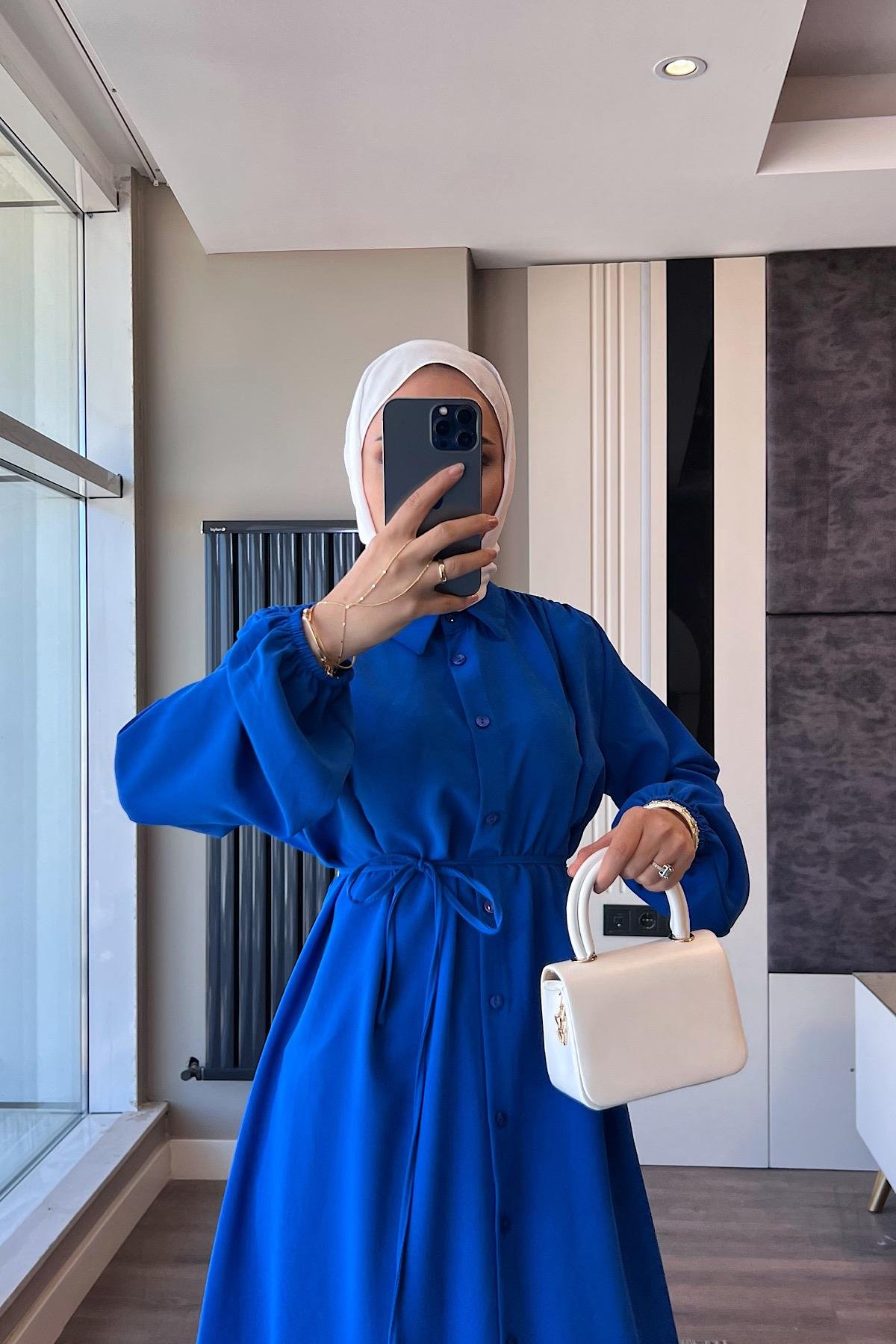 Omuz Pile Detay Düğmeli Tunik Saks MavisiDubaiShowroomÜST GİYİM05584-sksmav