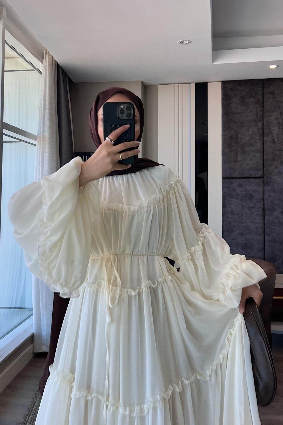 Fırfırlı Şifon Elbise KremDubaiShowroomELBİSELER9886