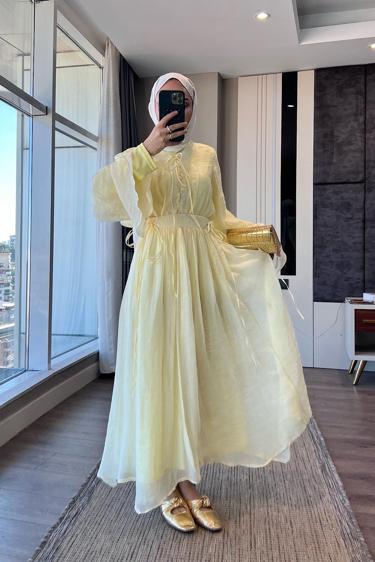 Örgü Yaka Etekli Takım SarıDubaiShowroomTAKIM02309-SARI