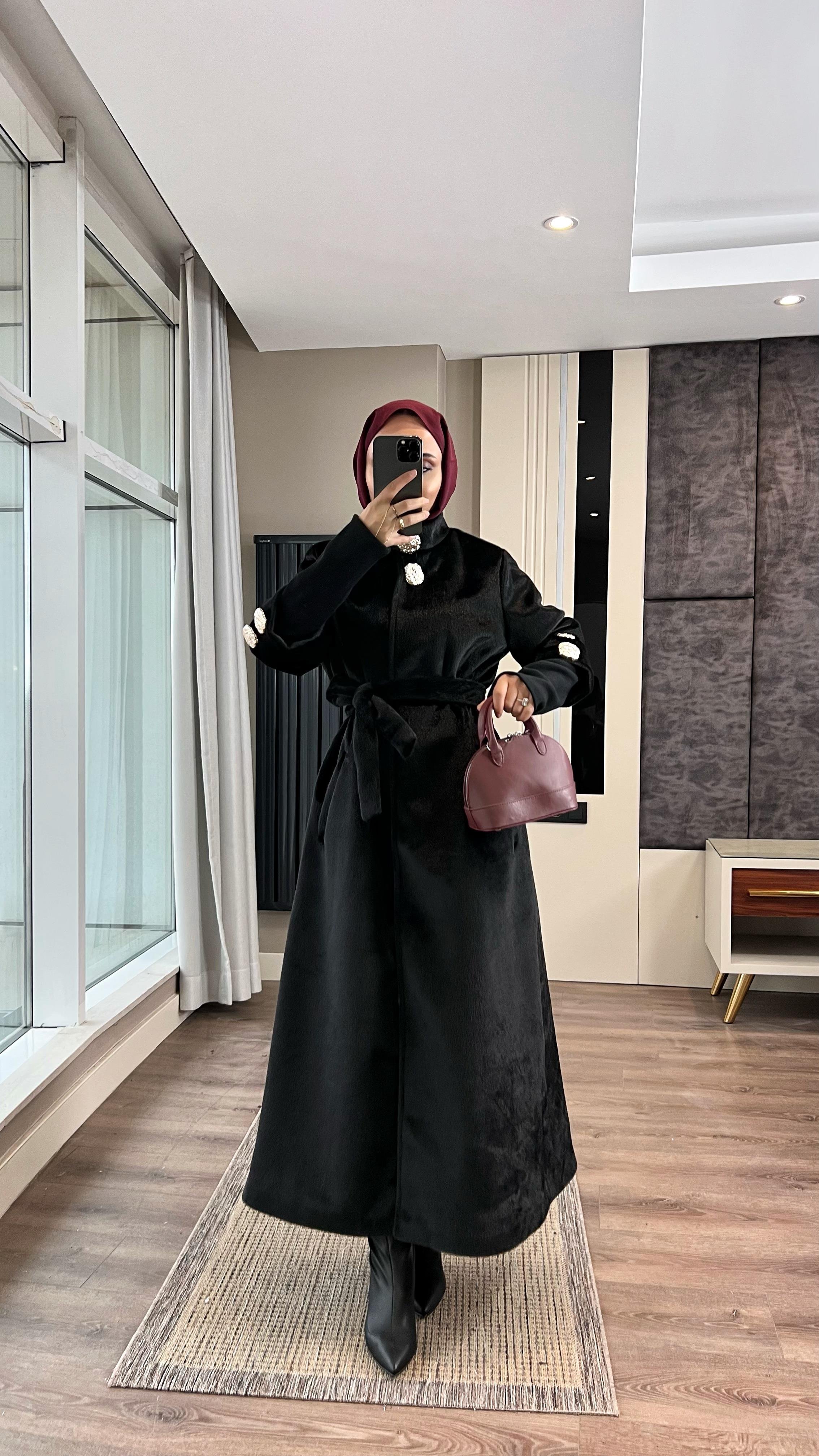 Kol Ribanalı Angora Kaban SiyahDubaiShowroomDIŞ GİYİM09159