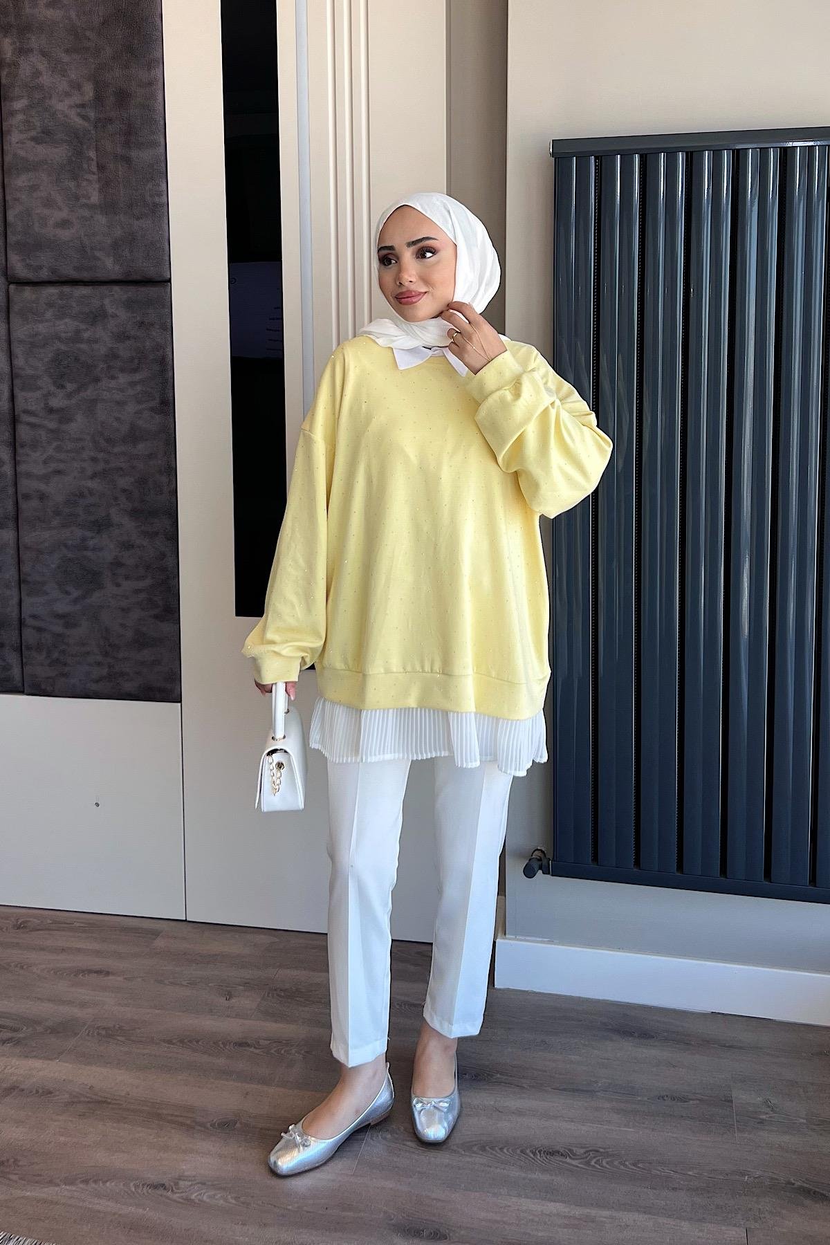 Kendinden Pileli Taşlı Sweat SarıDubaiShowroomSWEAT01069