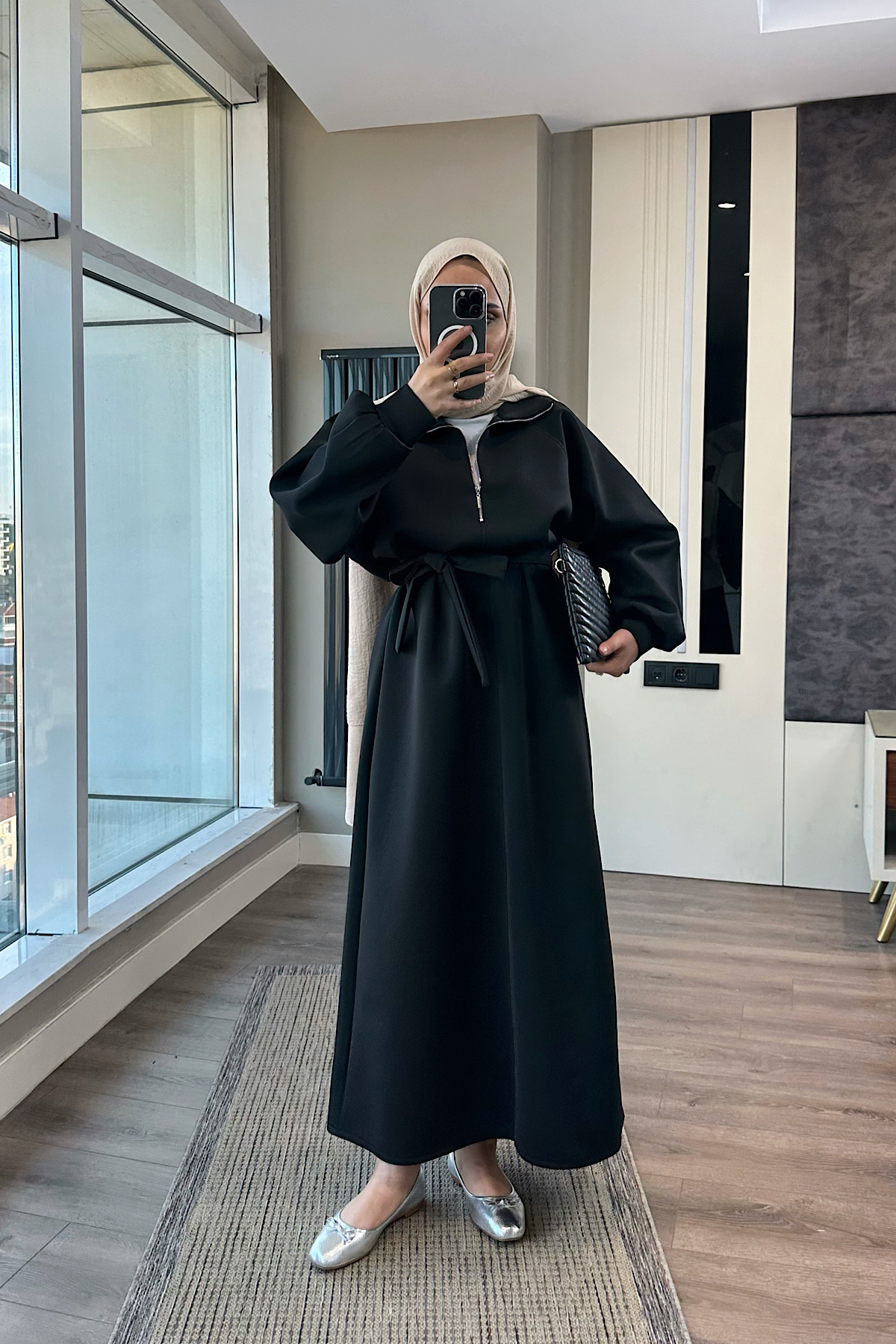 Yakası Fermuarlı Skuba Elbise SiyahDubaiShowroomELBİSELER00970