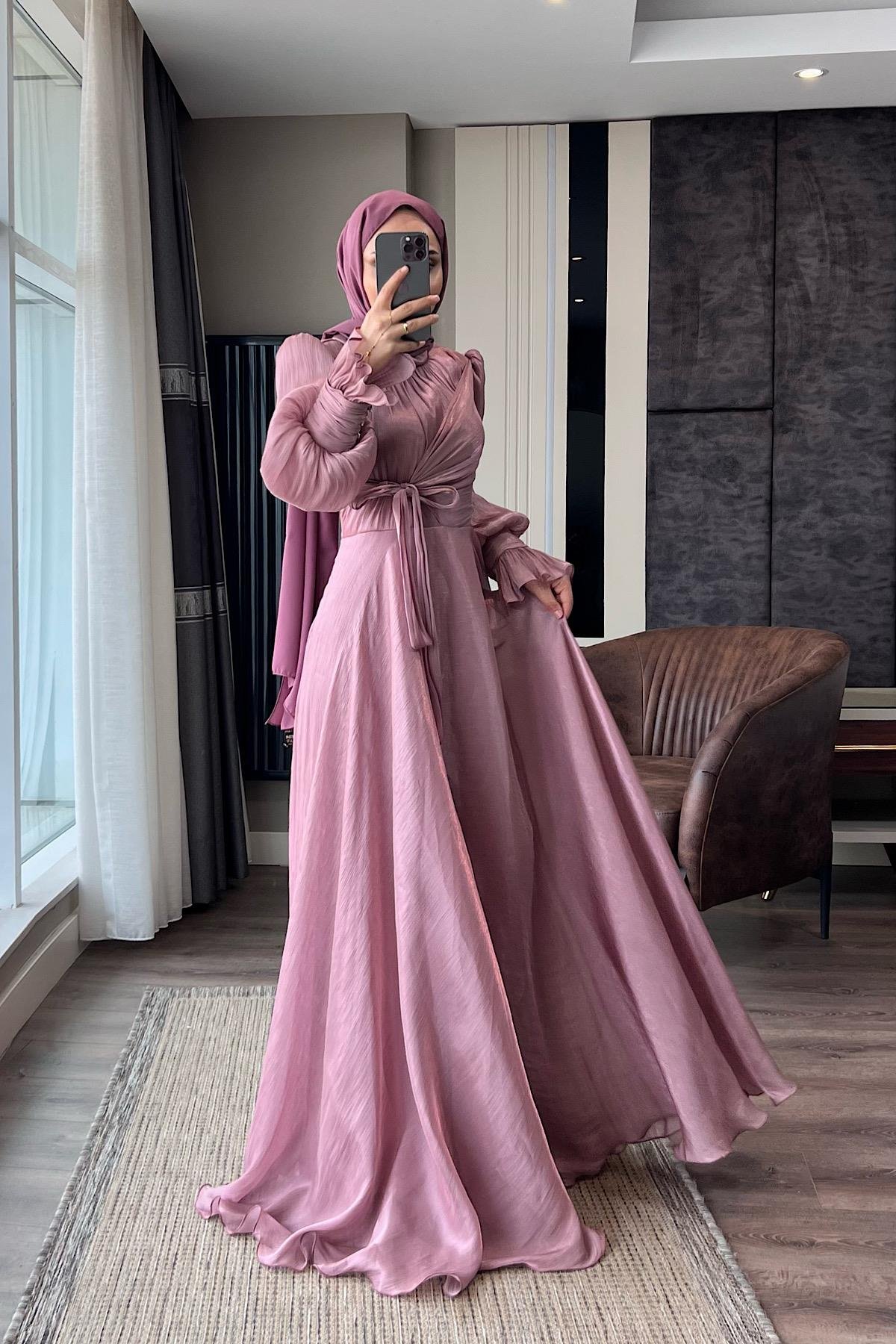 Önü Bağlamalı elbise Gül KurusuDubaiShowroomELBİSELER00994