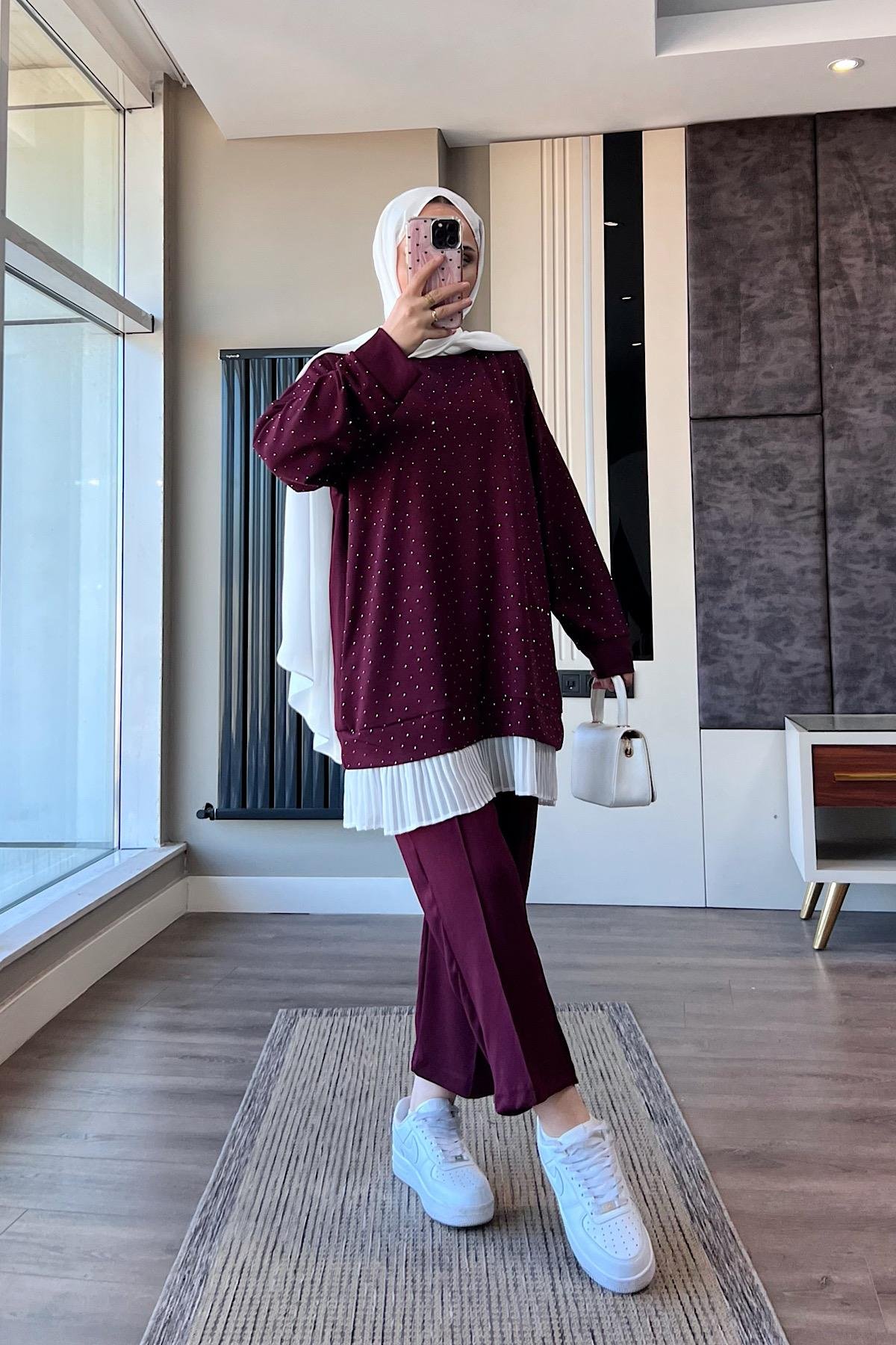 Altı Pileli Üzeri taşlı Takım Bordo DubaiShowroomTAKIM41654