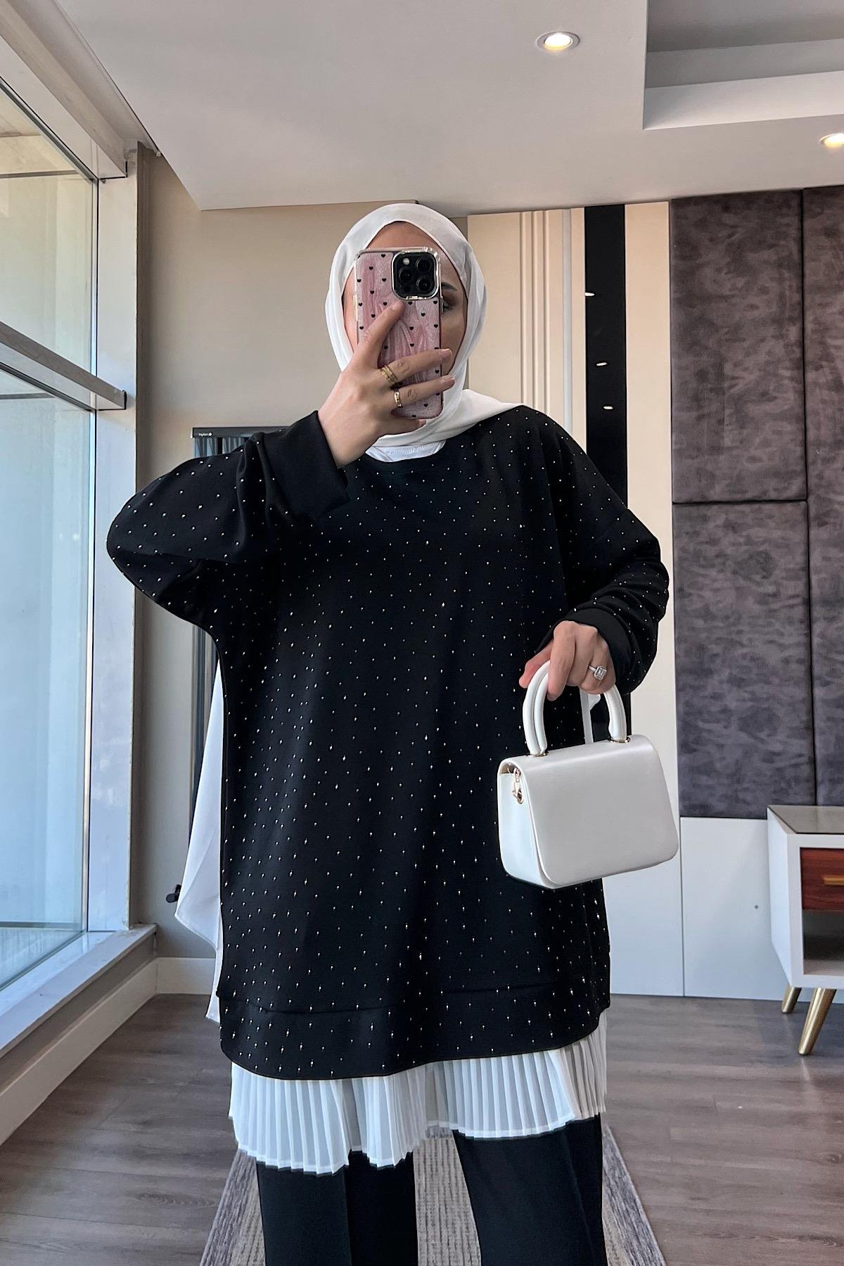 Altı Pileli Üzeri taşlı Takım SiyahDubaiShowroomTAKIM41654