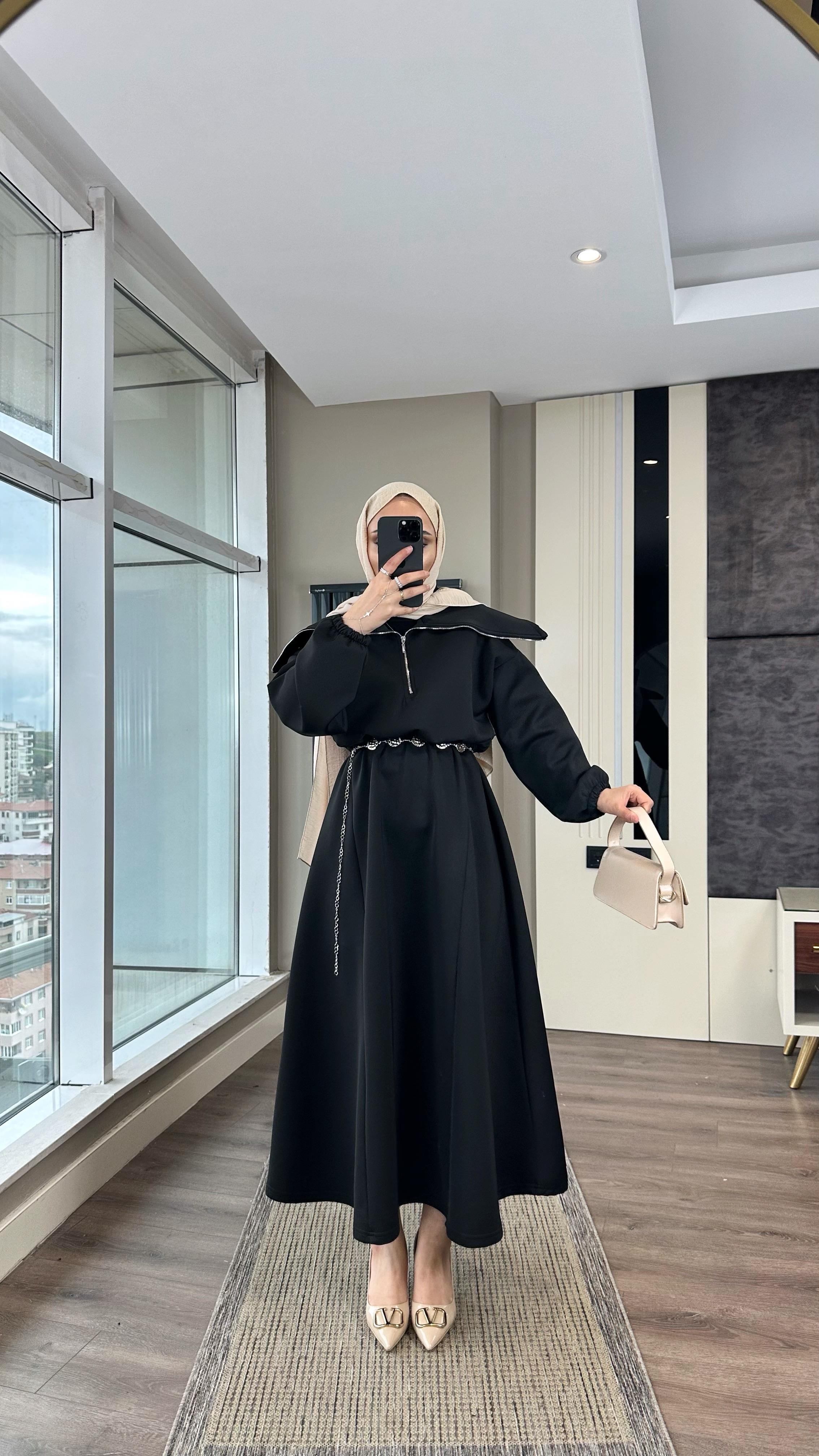 Yakası Geniş Skuba Elbise SiyahDubaiShowroomELBİSELER01053