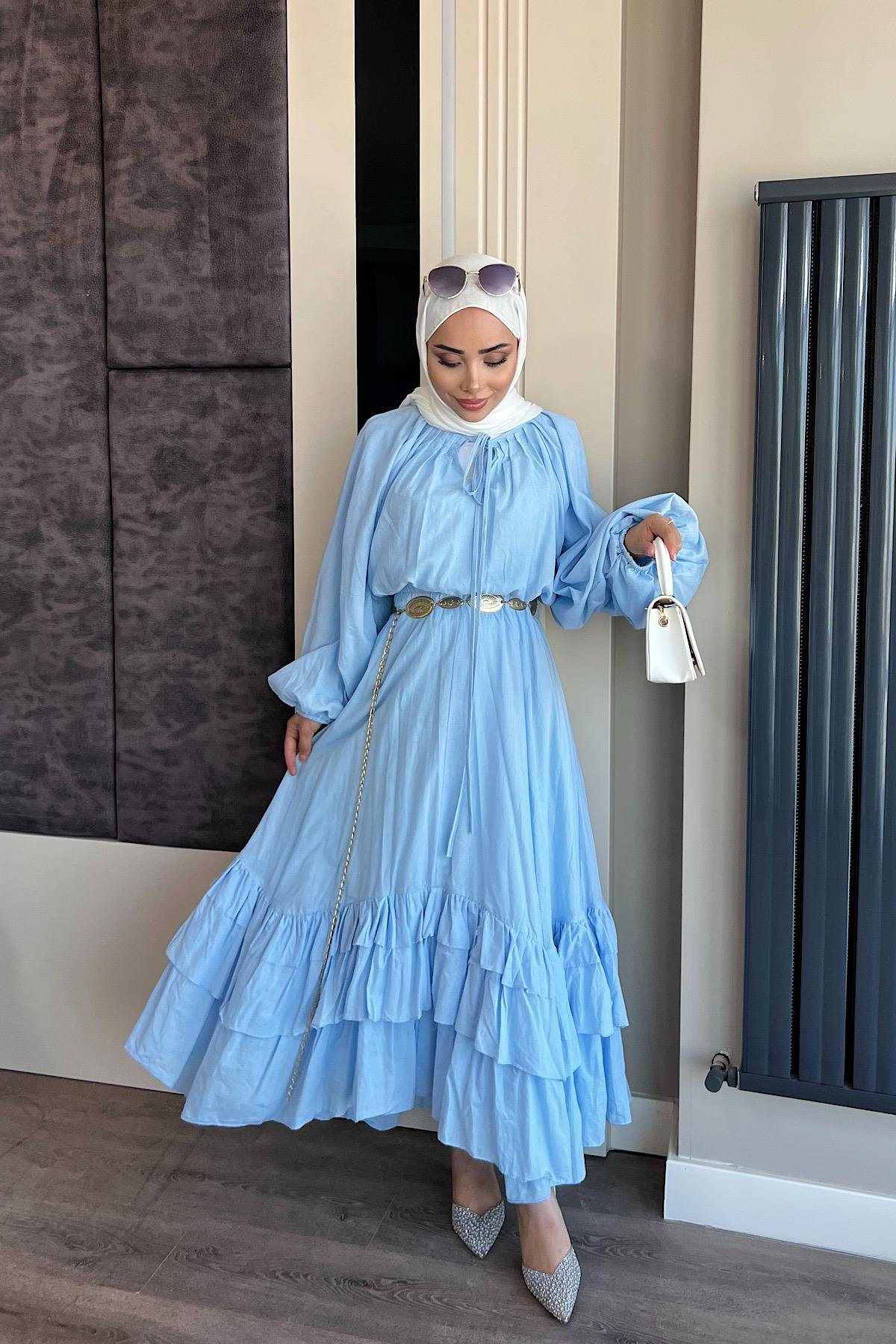 Balon Kol Fırfırlı İkili Takım Mavi DubaiShowroomTAKIM002329-MV
