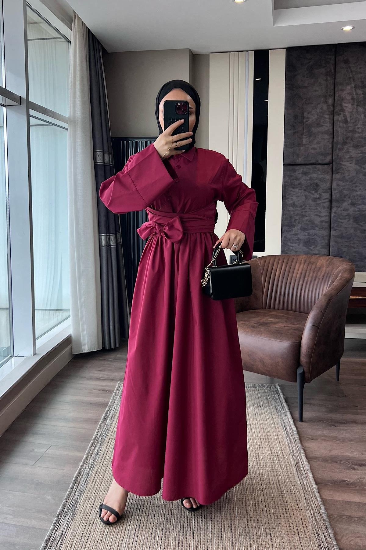 Bağlama Detaylı Poplin Elbise BordoDubaiShowroomELBİSELER01045