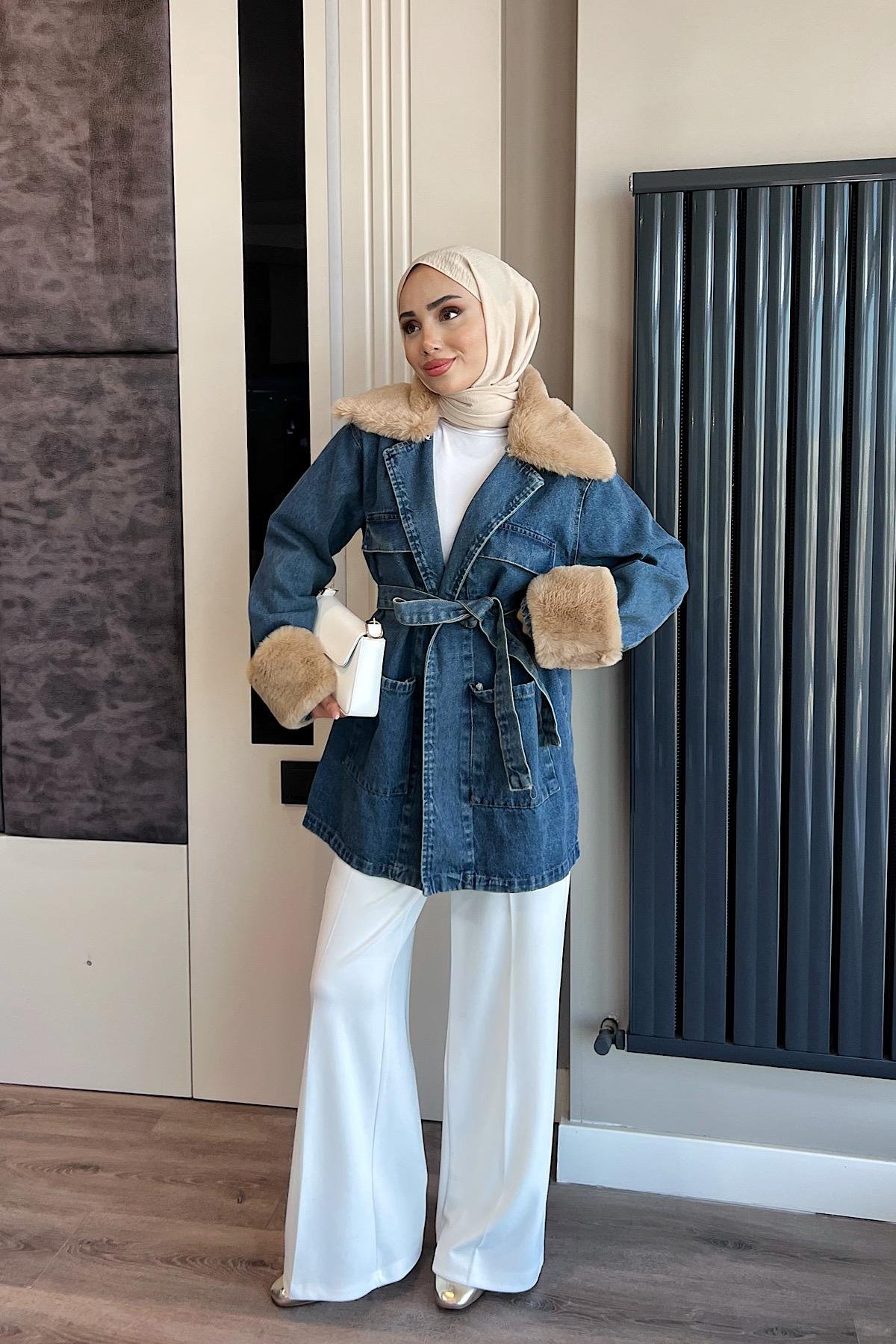 Seyyar Kürk Detaylı Kot Ceket DubaiShowroomDIŞ GİYİM81185