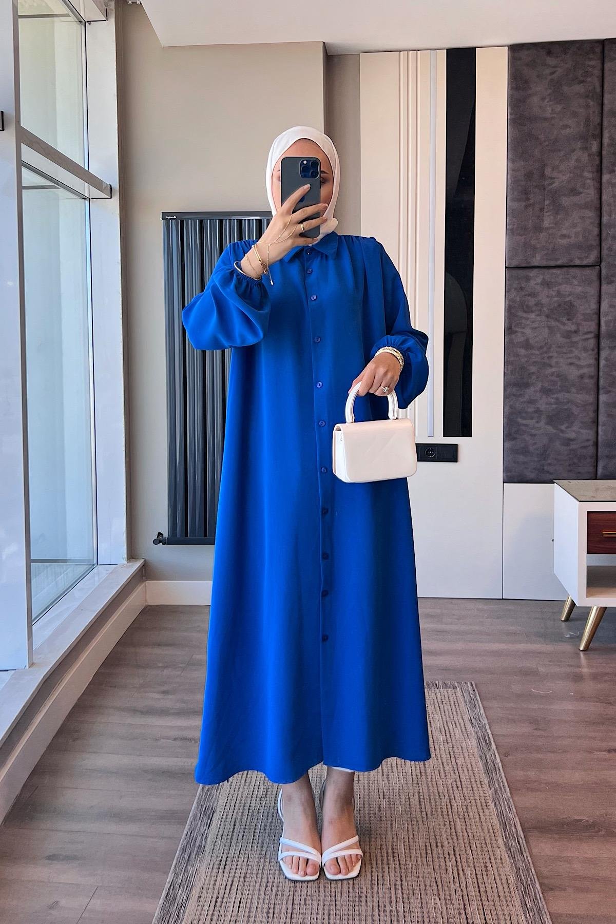 Omuz Pile Detay Düğmeli Tunik Saks MavisiDubaiShowroomÜST GİYİM05584-sksmav