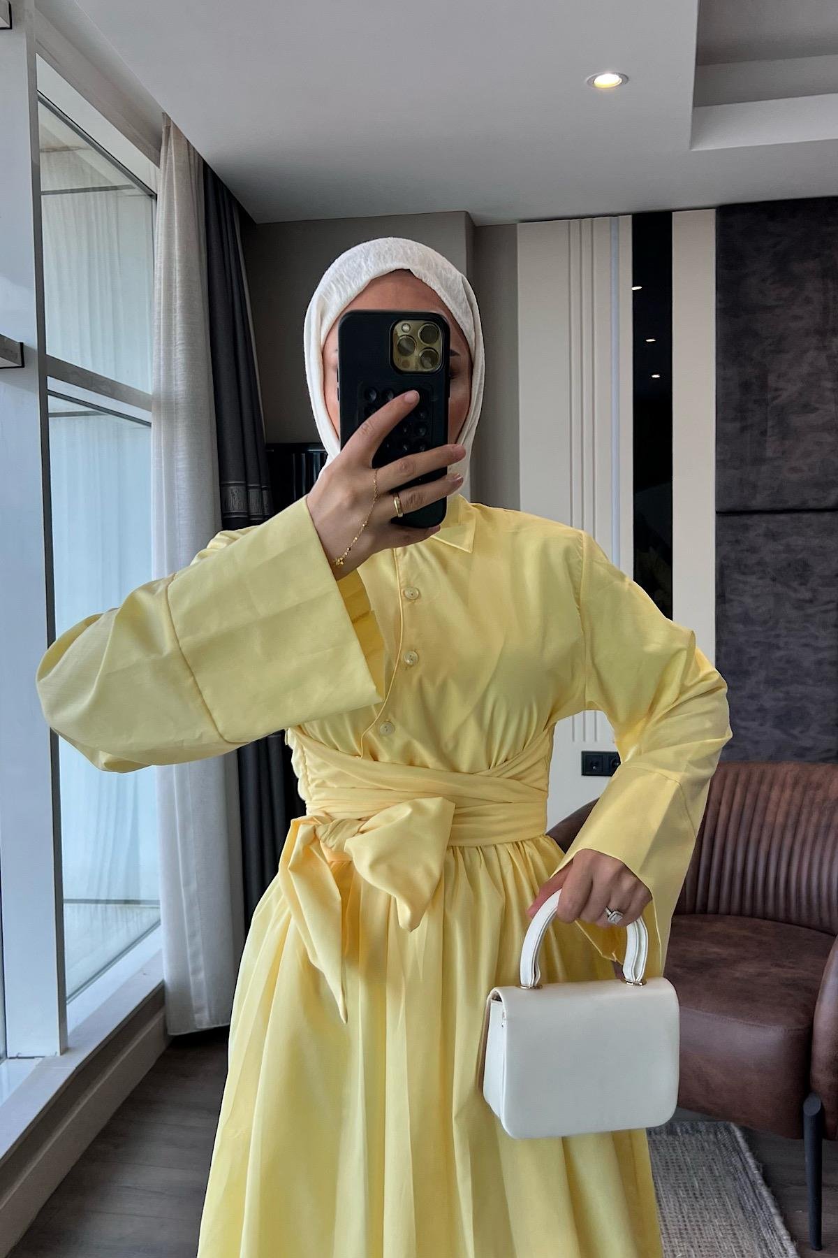 Bağlama Detaylı Poplin Elbise SarıDubaiShowroomELBİSELER01045