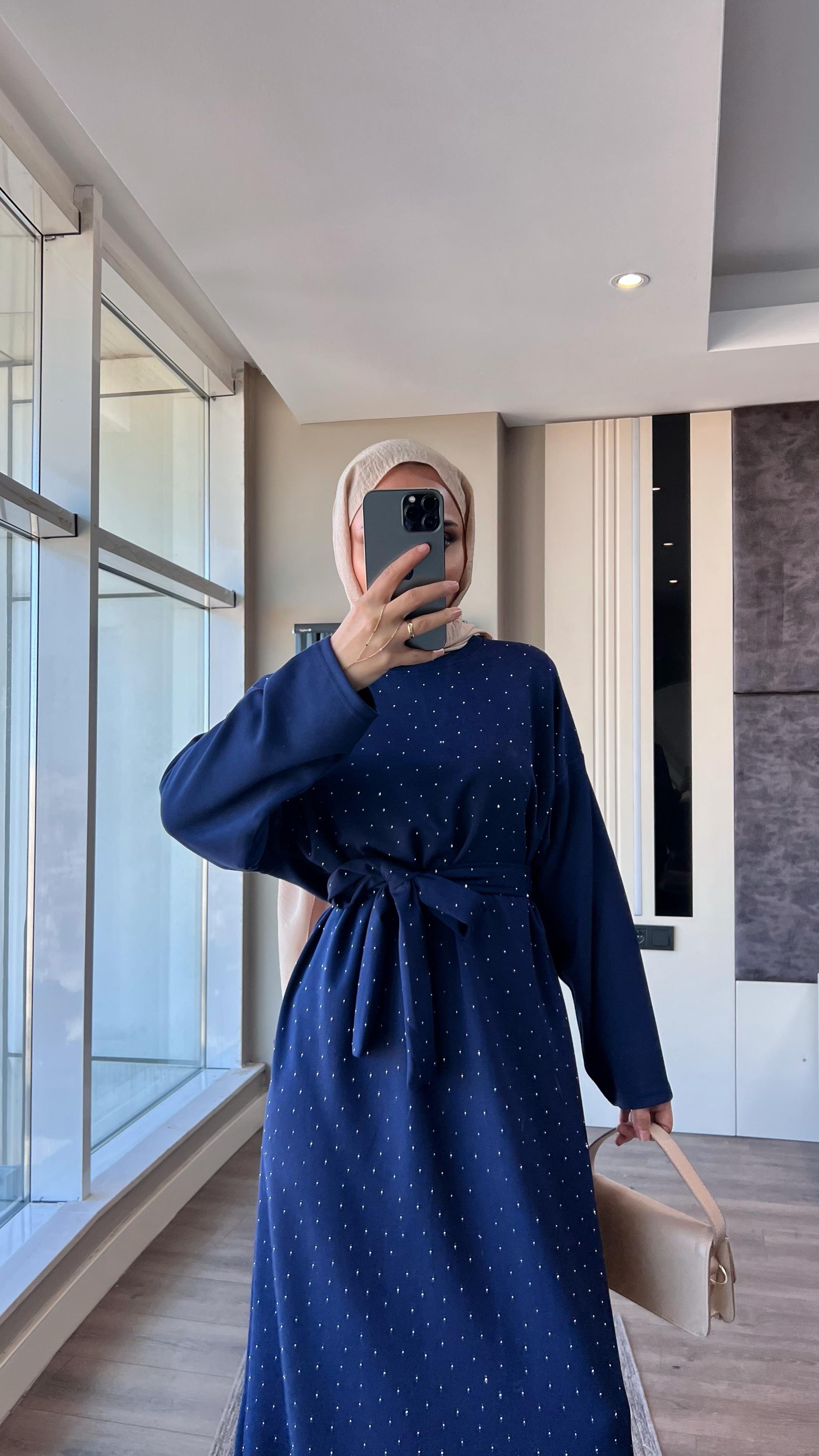 Taşlı Modal Elbise LacivertDubaiShowroomELBİSELER11022