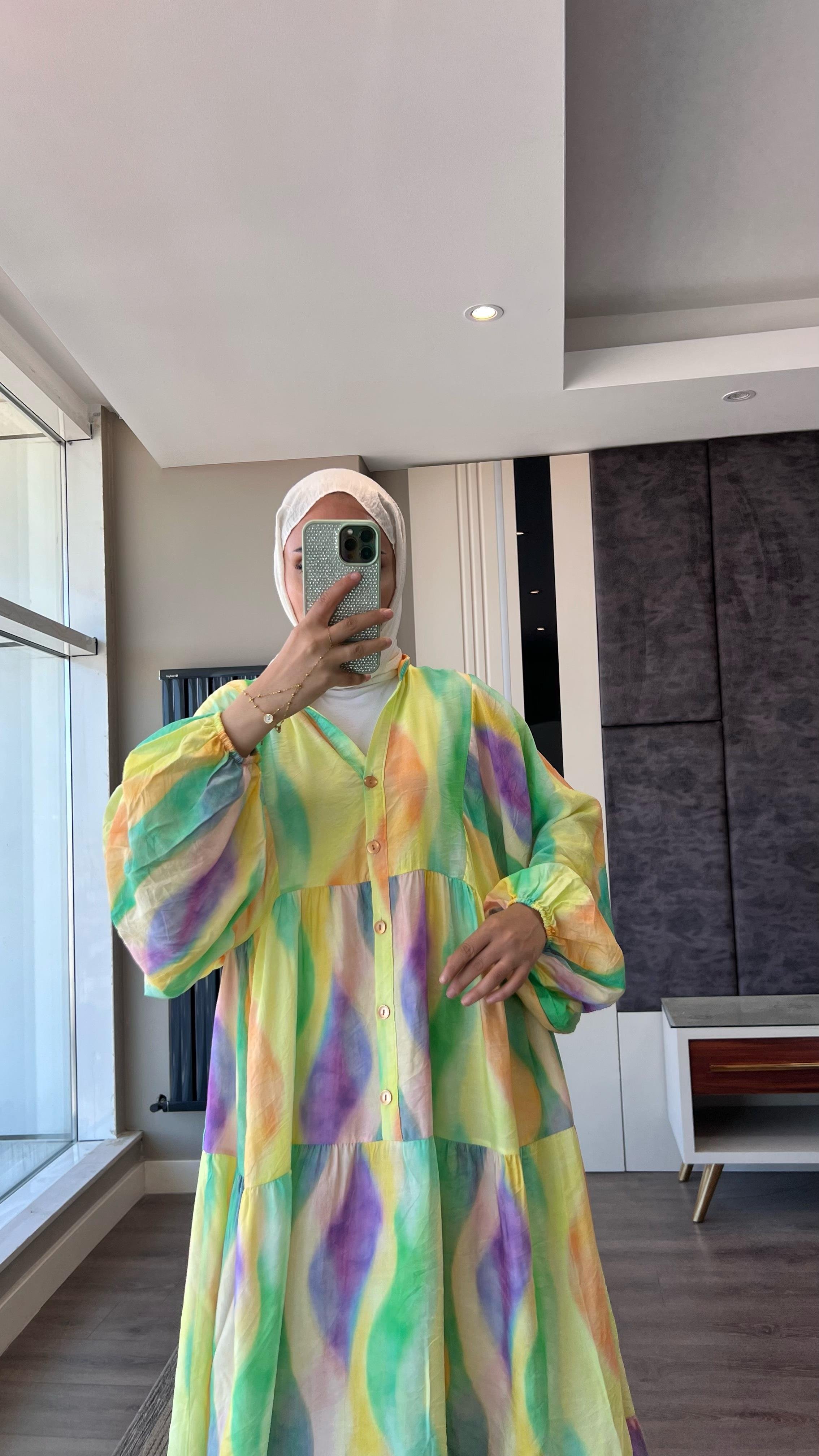 Yarım Patlı Desenli Elbise Sarı-MorDubaiShowroomELBİSELER01551-SARI