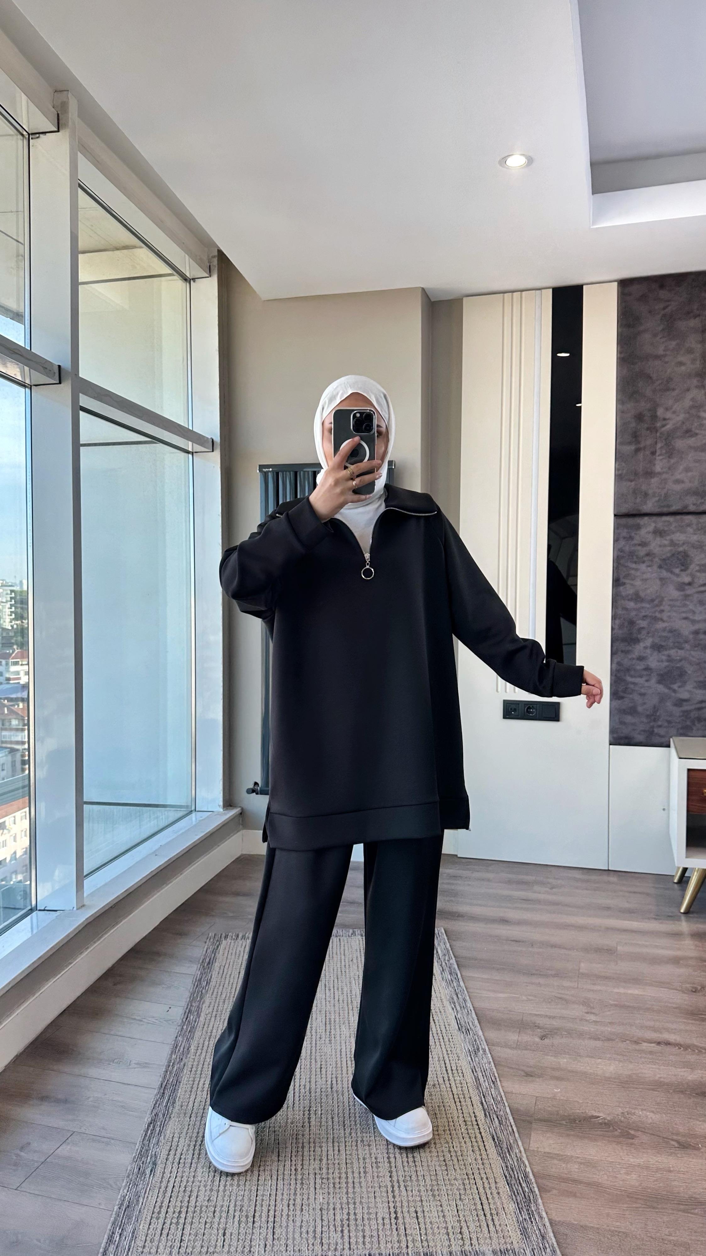 Yakası Fermuarlı Takım SiyahDubaiShowroomTAKIM01020