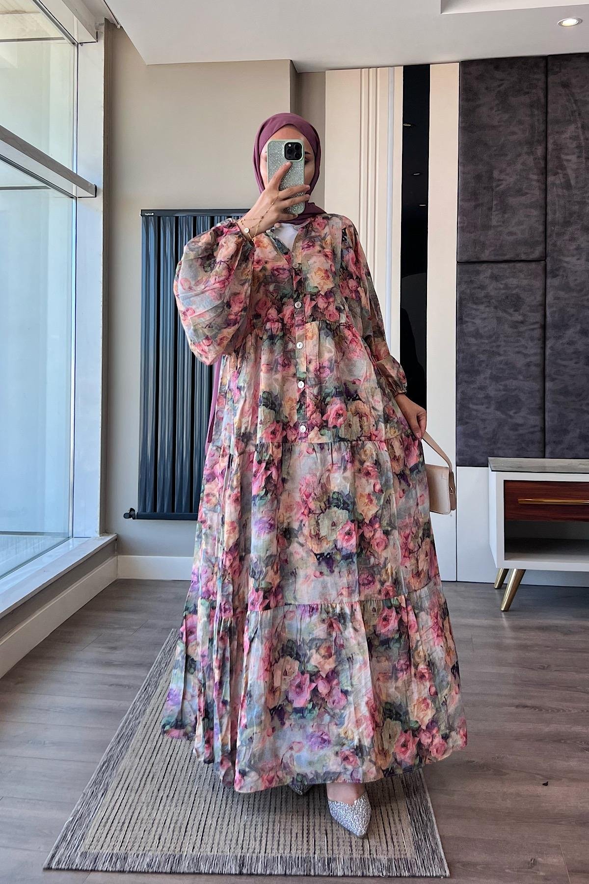 Yarım Patlı Desenli Elbise DubaiShowroomELBİSELER01551