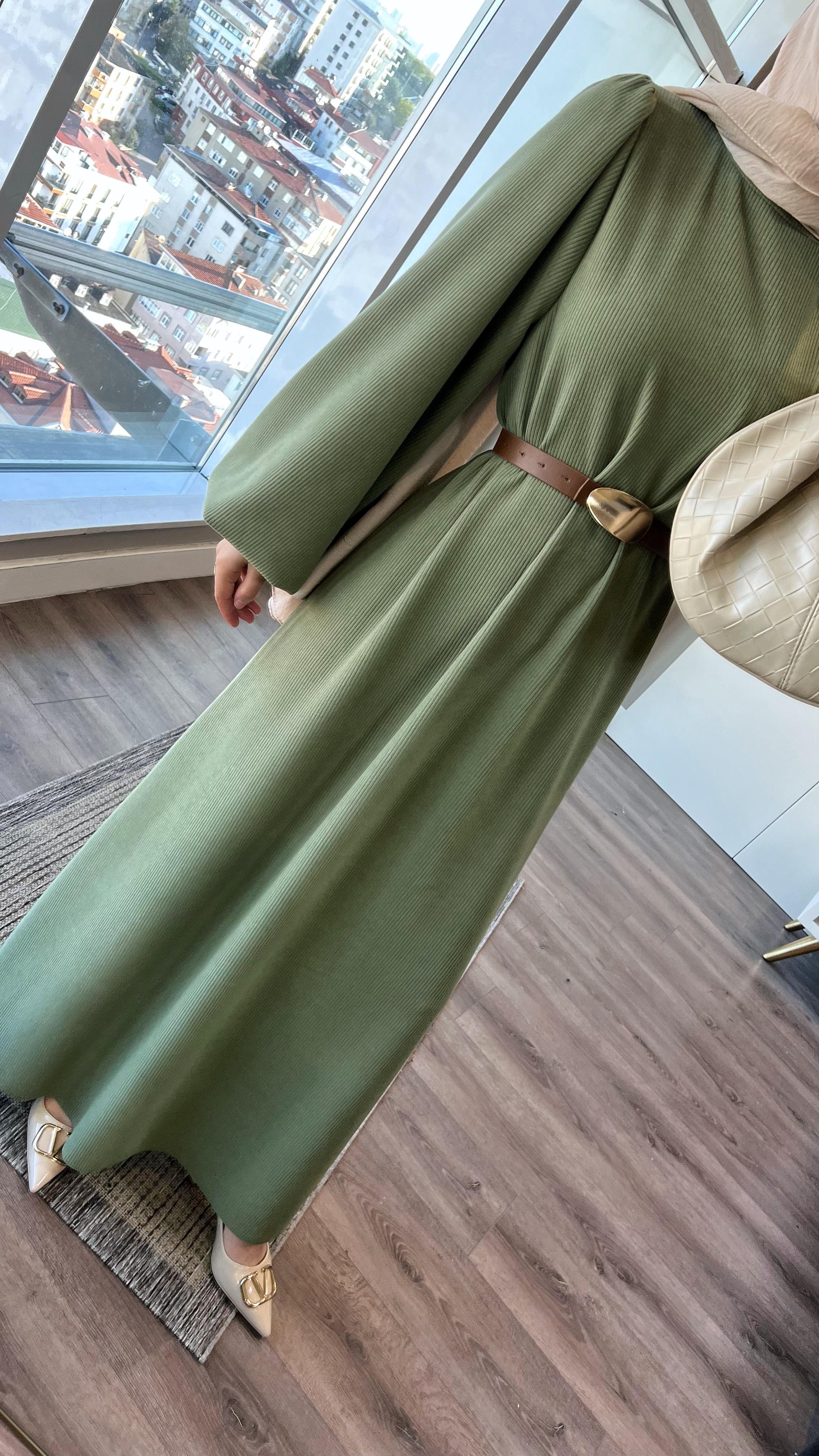 Kemerli Balon Kol Elbise YeşilDubaiShowroomELBİSELER01151