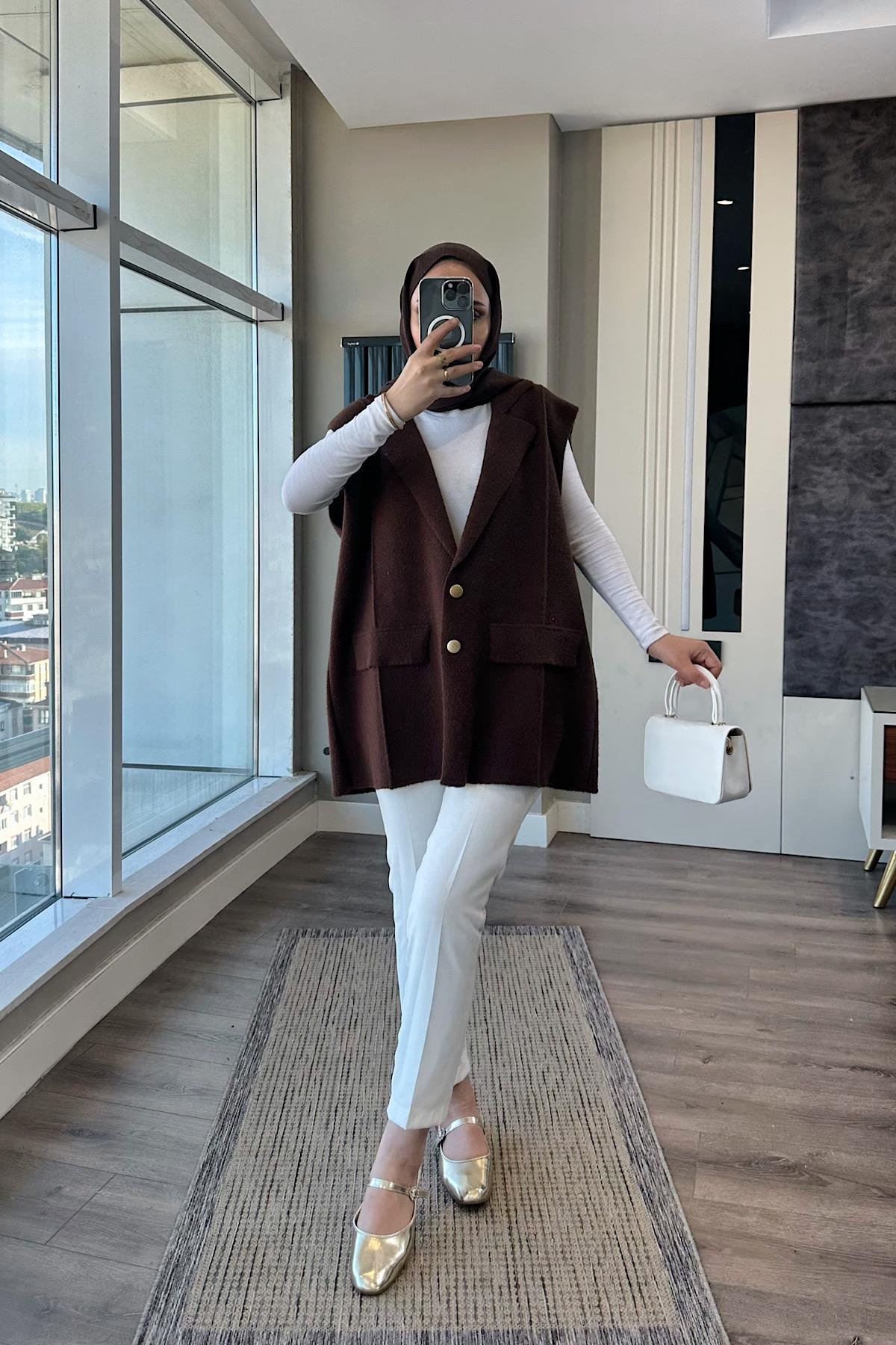 Süs Cep Yumoş Yelek Kahverengi DubaiShowroomDIŞ GİYİM44119